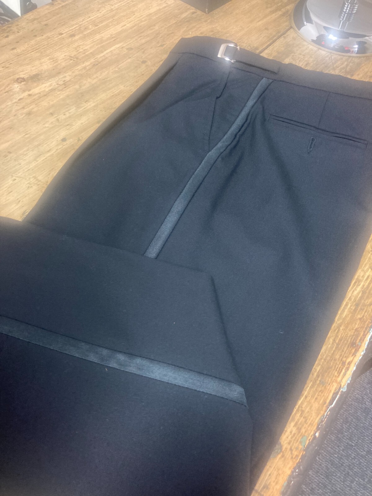 Black Pleated Satin Stripe Tuxedo Pant – 100% Wool!