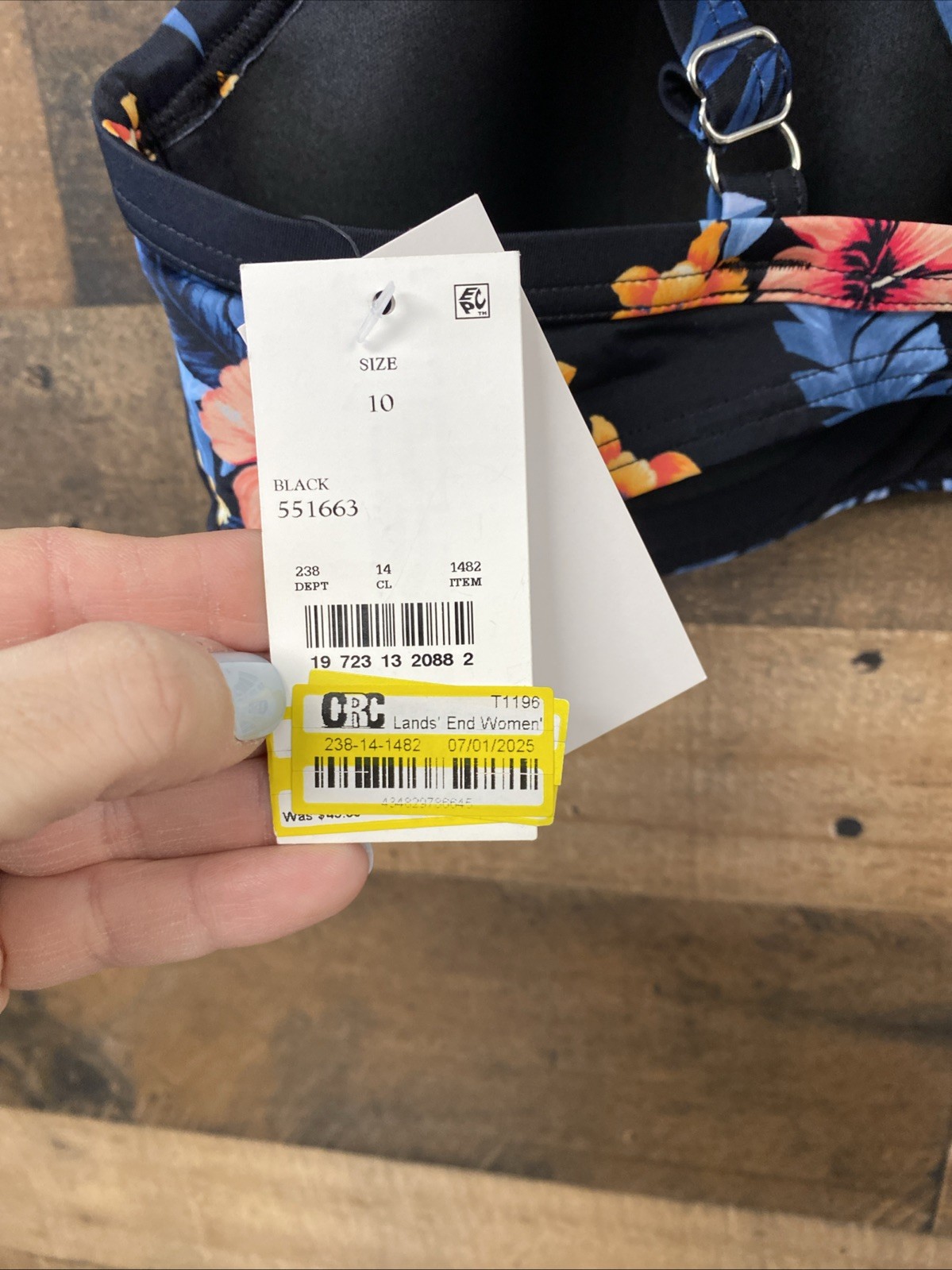 Lands’ End Women’s Retro Underwire Bikini Top – Black Floral SPF-50 Size 10