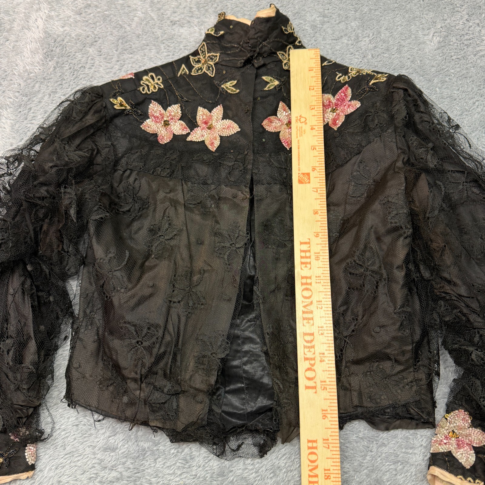 Antique Edwardian Jacket Black Pink Floral Beaded Silk Victorian Early 1900s