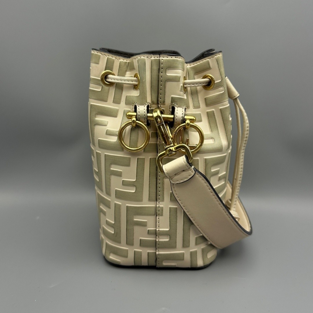 FENDI Mon Tresor Bucket Crossbody Bag FF Mini Off-white Embossed Leather Gold HW