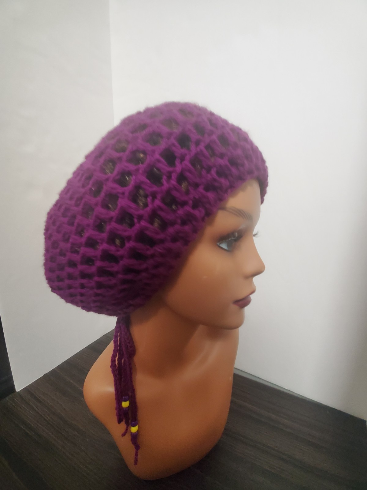 Crochet Flower Tam Slouch Hat With Drawstring Handmade One Size Dreadlock Beanie