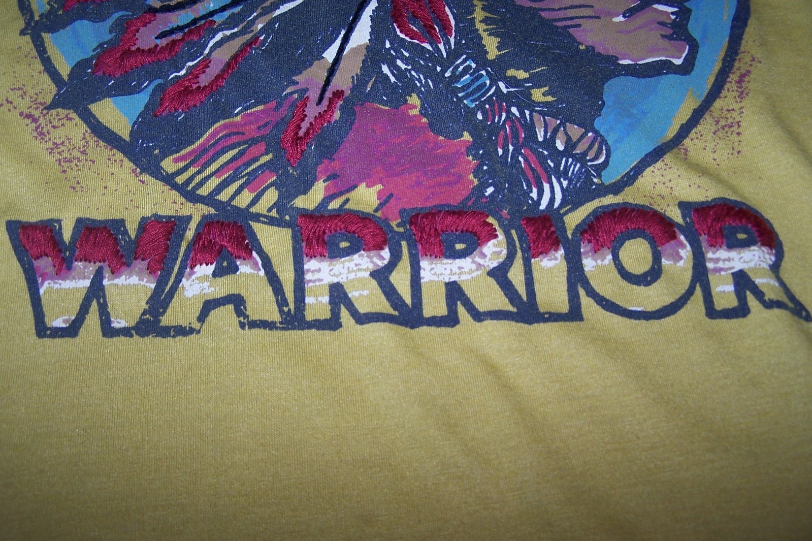 DOUBLE D RANCH L Indian WARRIOR Embroidered Beaded Graphic Western Tee Shirt EUC