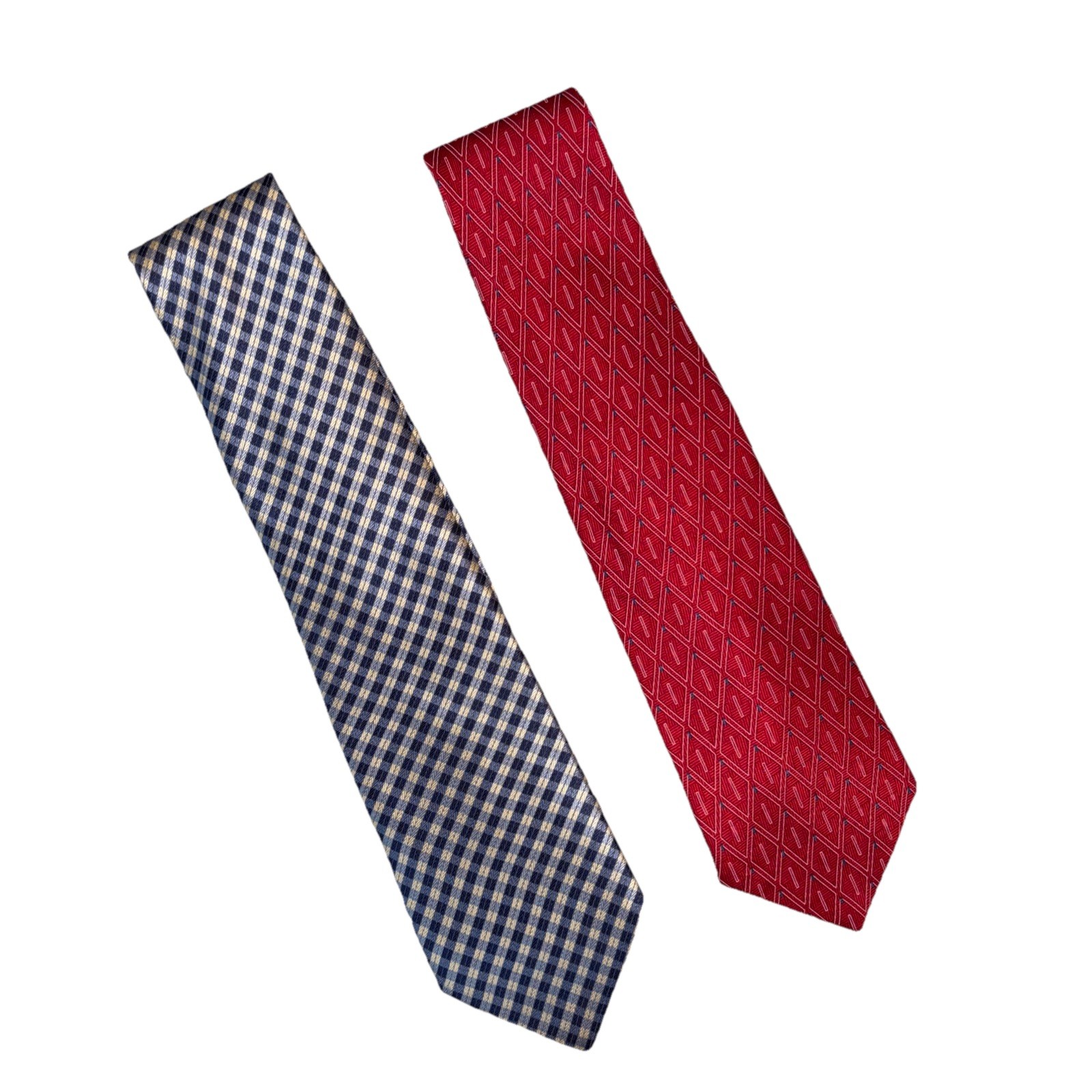 Arrow Mens Silk Ties Navy/yellow Striped Check & Red/white Geo Diamond Lot Of 2