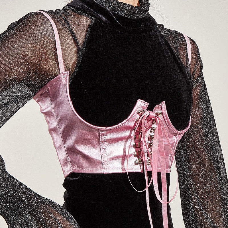 Metallic Stretchy PU Underbust Corset Baby Pink Gothic Alternative