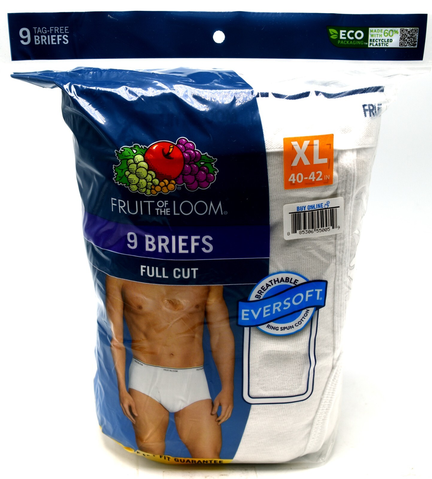 9 White Extra Large XL 40-42 Inch Briefs Fruit Of The Loom Tagless EG 102-107 CM