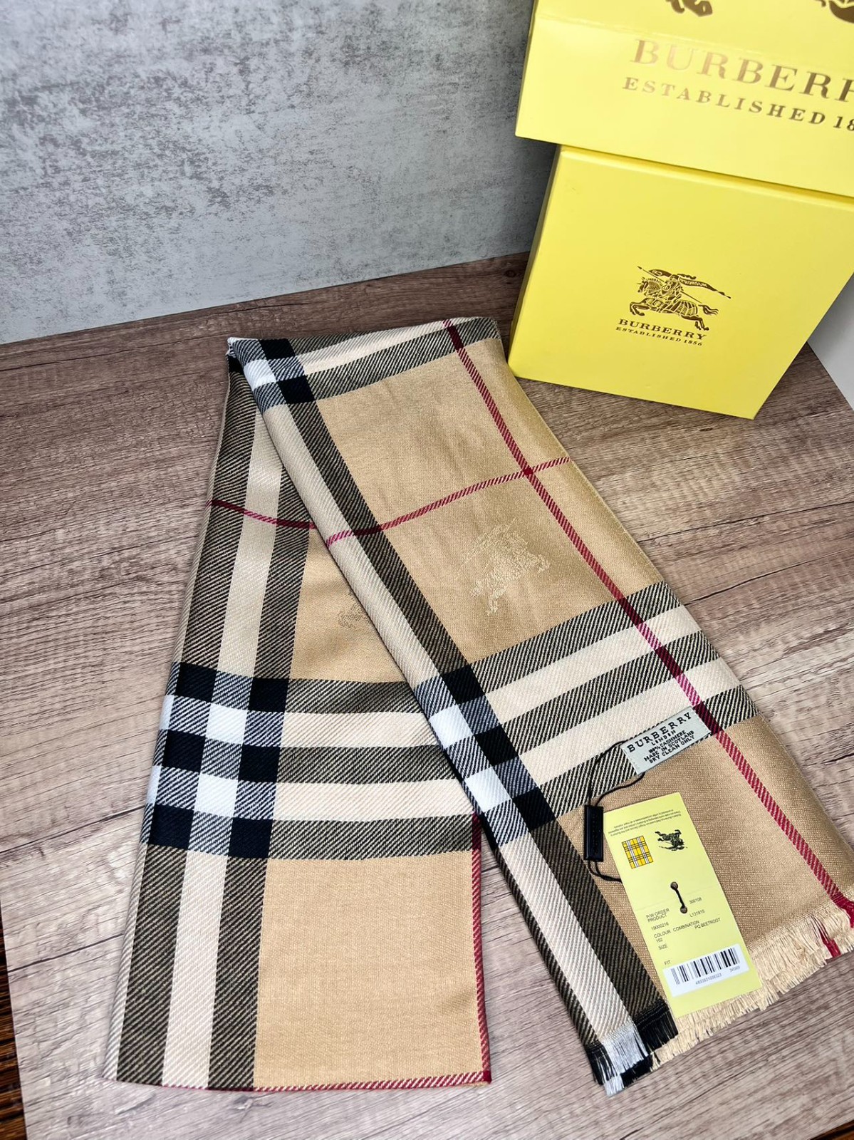 BURBERRY SCARF SHAWL AUTHENTIC 100% CASHMERE BEIGE BROWN BLACK CLASSIC LOGO
