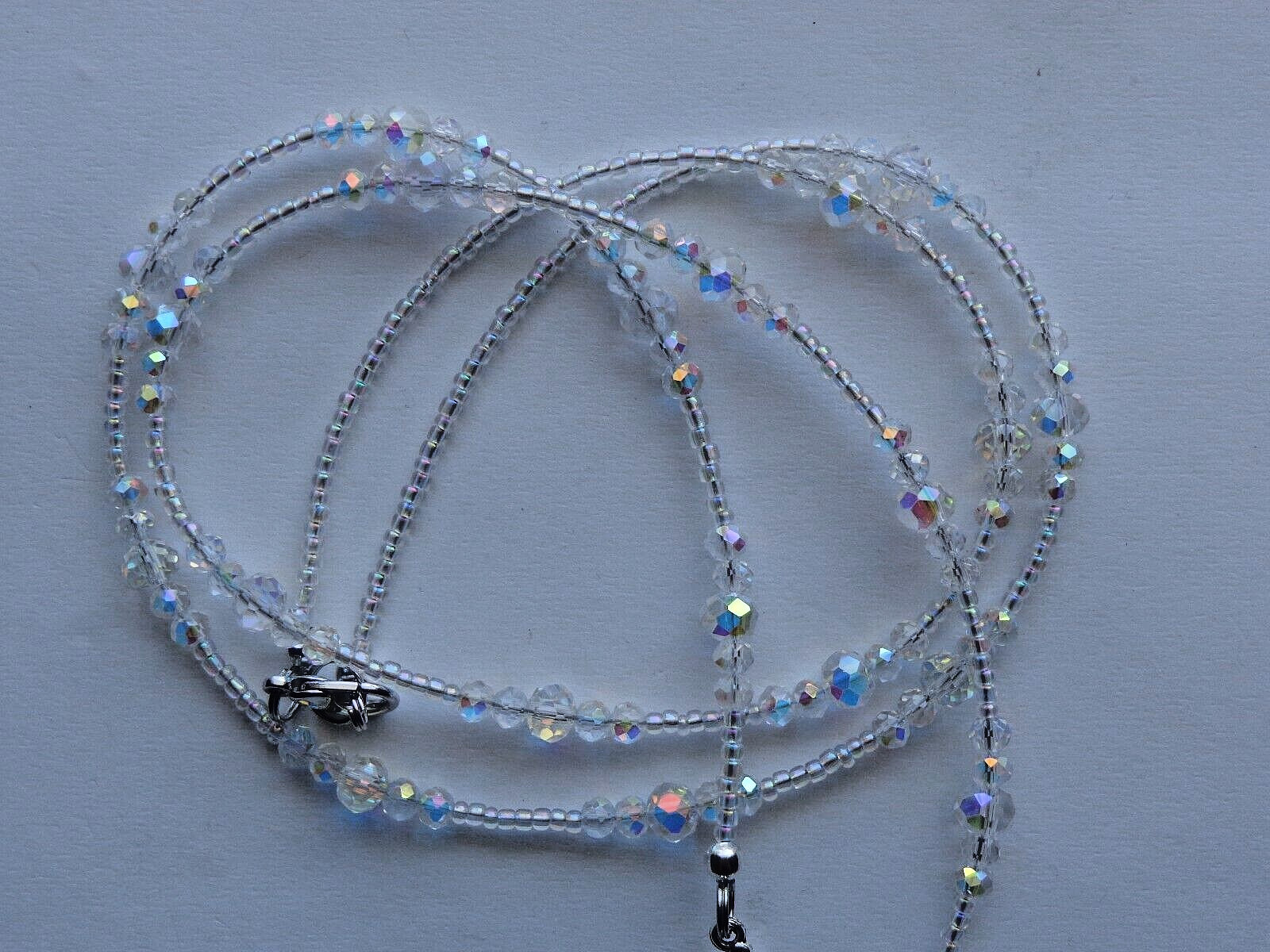 IRIDESCENT AB CLEAR CRYSTAL BEADS FLOWER BEADED LANYARD ID BADGE HOLDER NECKLACE