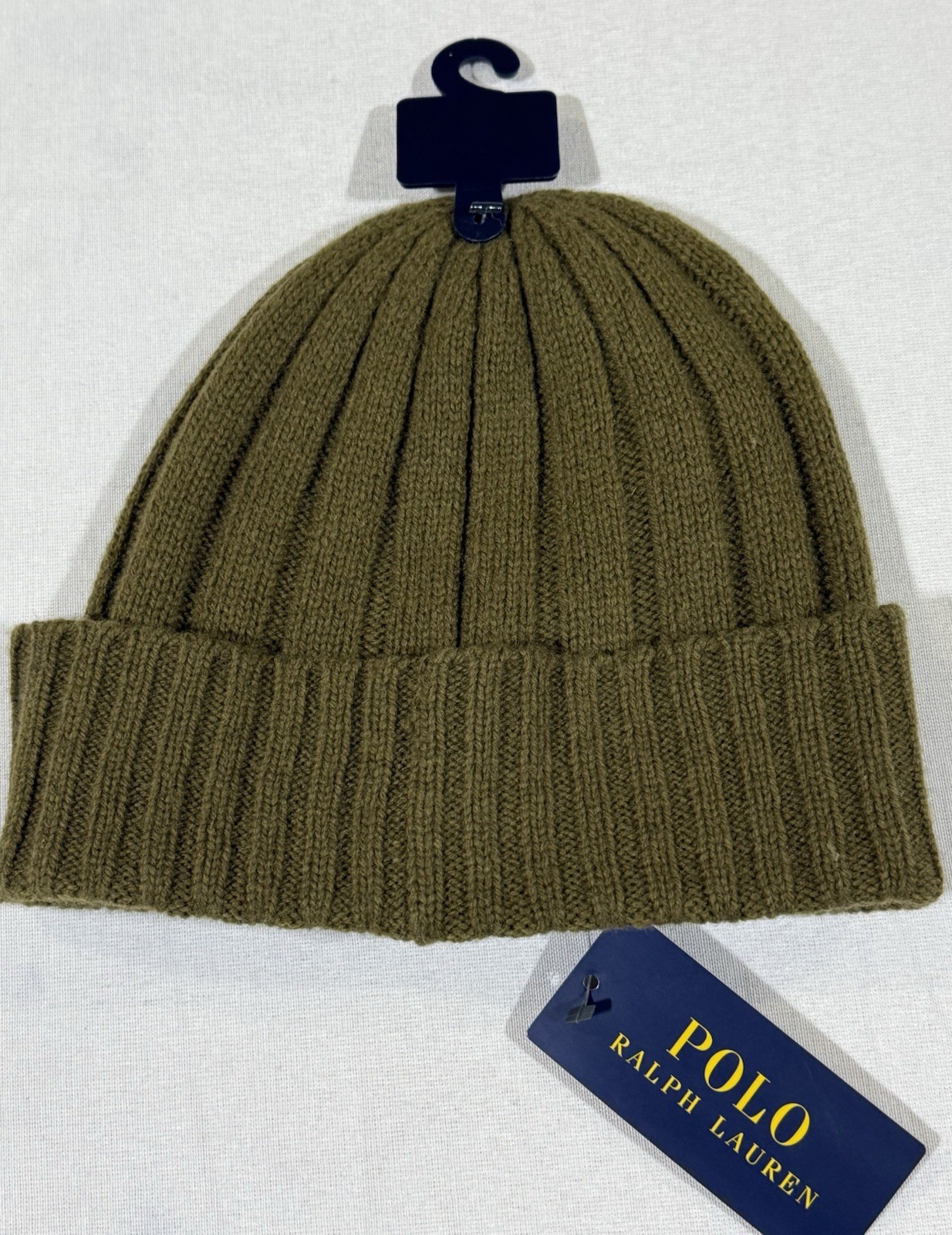Polo Ralph Lauren Ribbed Cuff Wool Blend Beanie Hat Olive Green One Size NWT