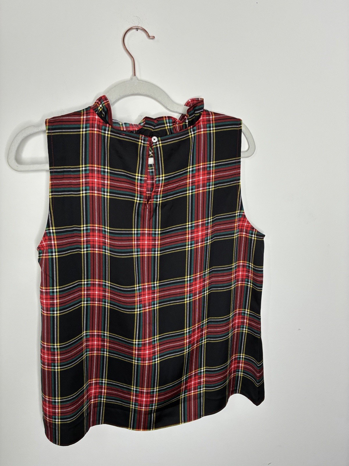 J.CREW Preppy Women XL Woven Plaid Mock Neck Sleeveless Blouse Bow Button Black