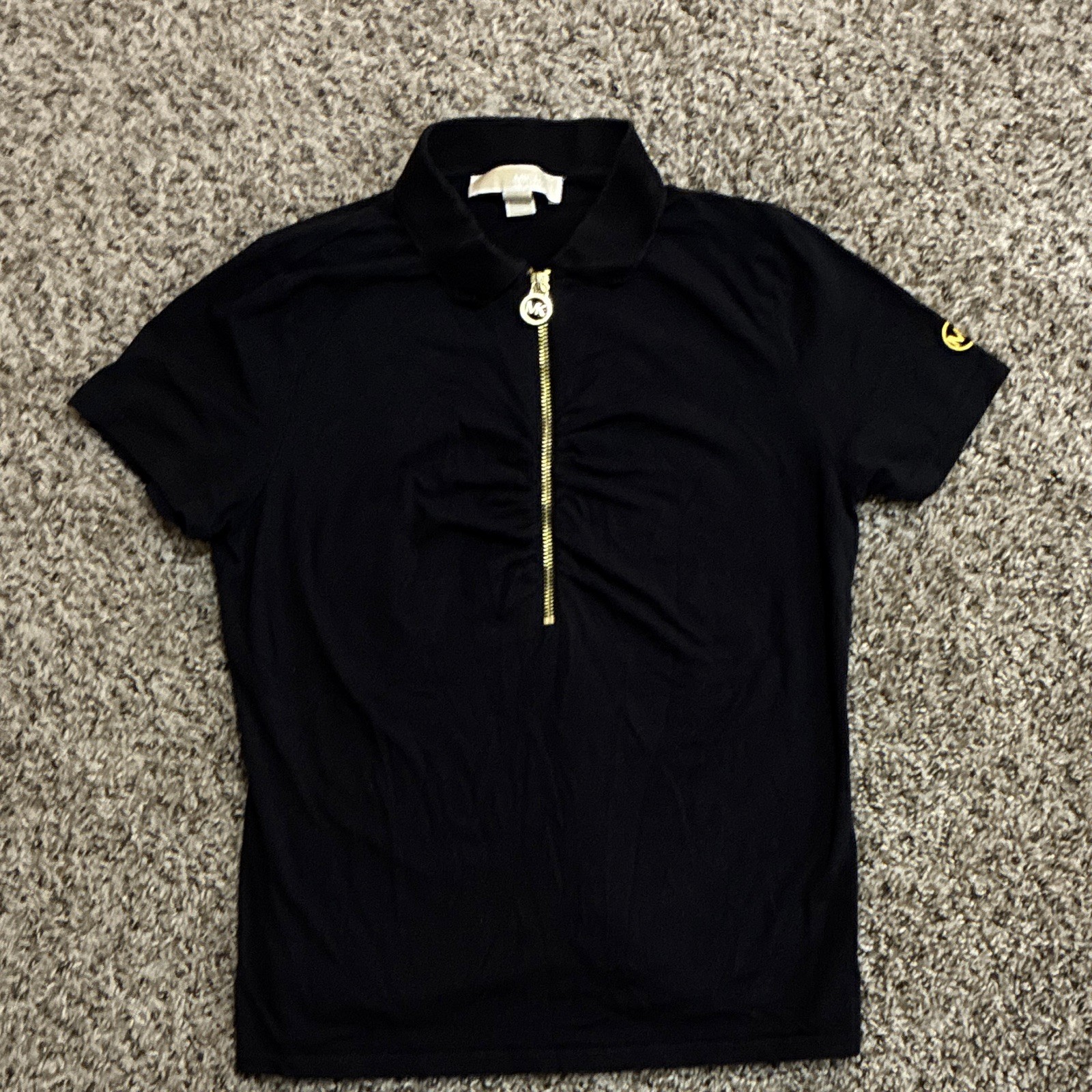 Michael Kors Black Knit Polo Top Short Sleeve Zip Front Slim Stretch Petite P/S