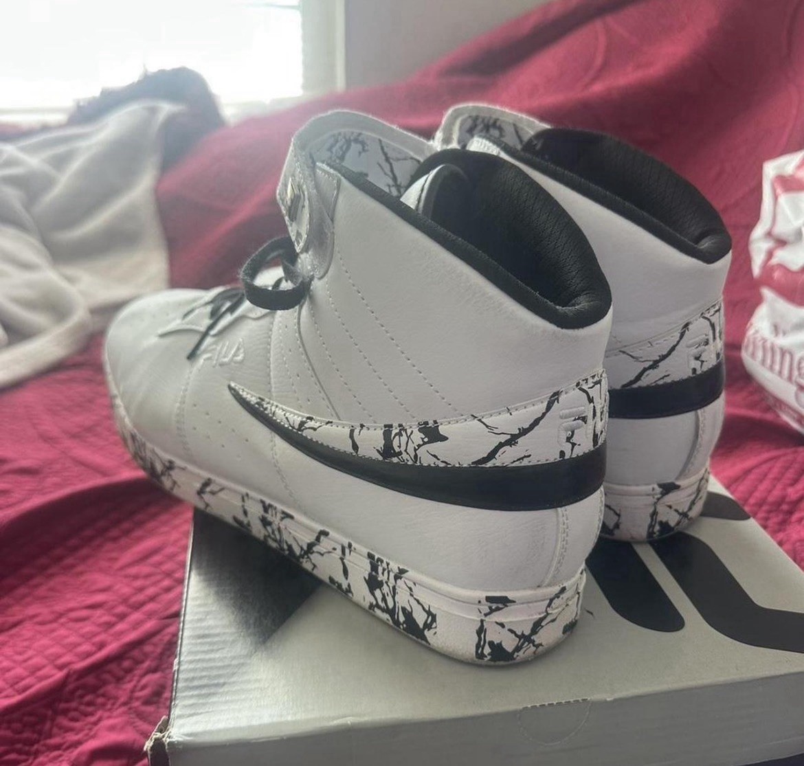 FILA Men’s Mid Top Sneaker White/Black Lace-Up Athletic Splatter Pattern