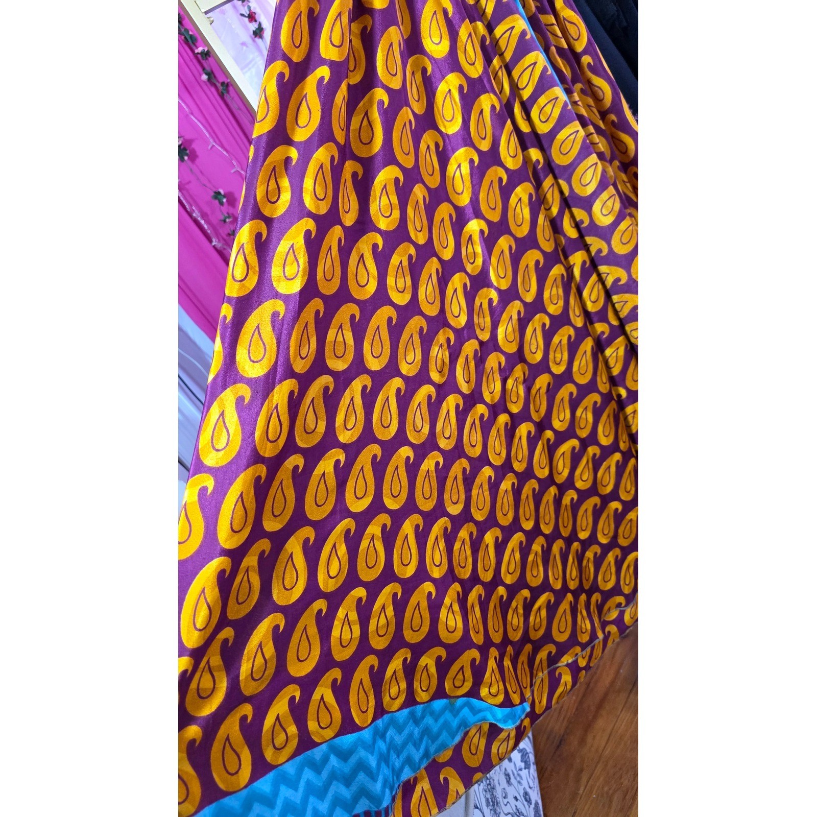 Vintage 100% Silk Wide Leg Paisley Pants Smocked Waist Purple Turquoise OS