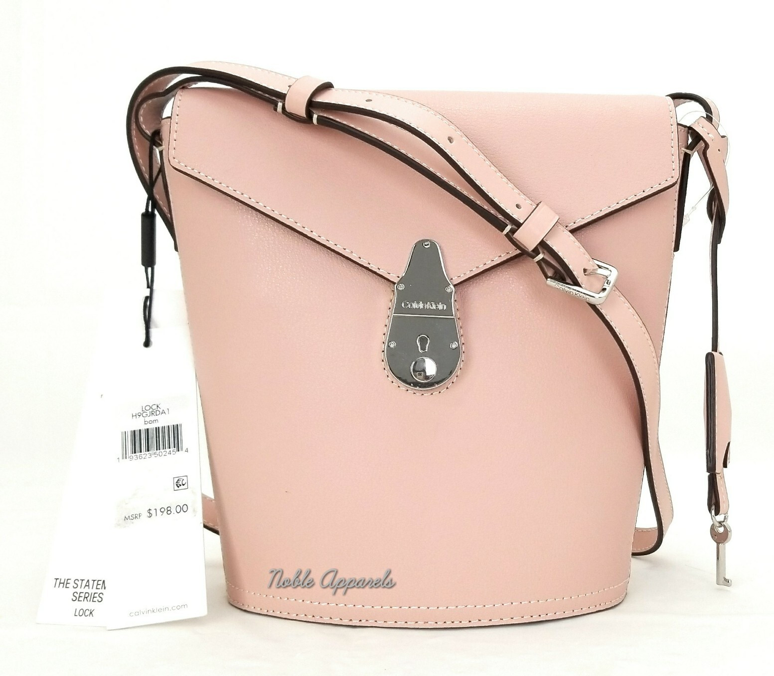 CALVIN KLEIN Womens Lock Daytonna Leather Bucket Bag Crossbody $198 Blossom Pink