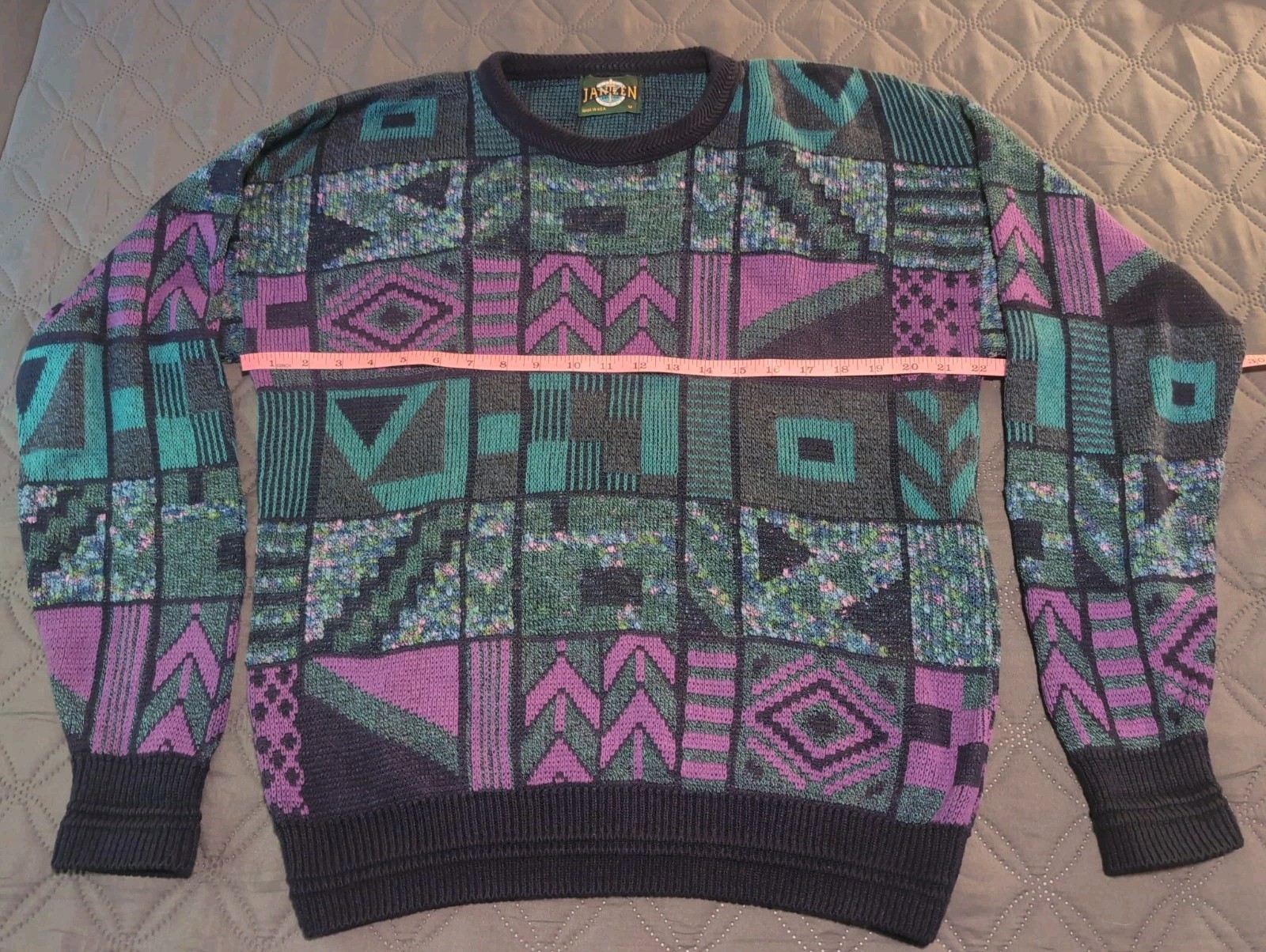 Vintage Jantzen Men’s Geometric Sweater Purple Teal Medium Made In USA Cotton?