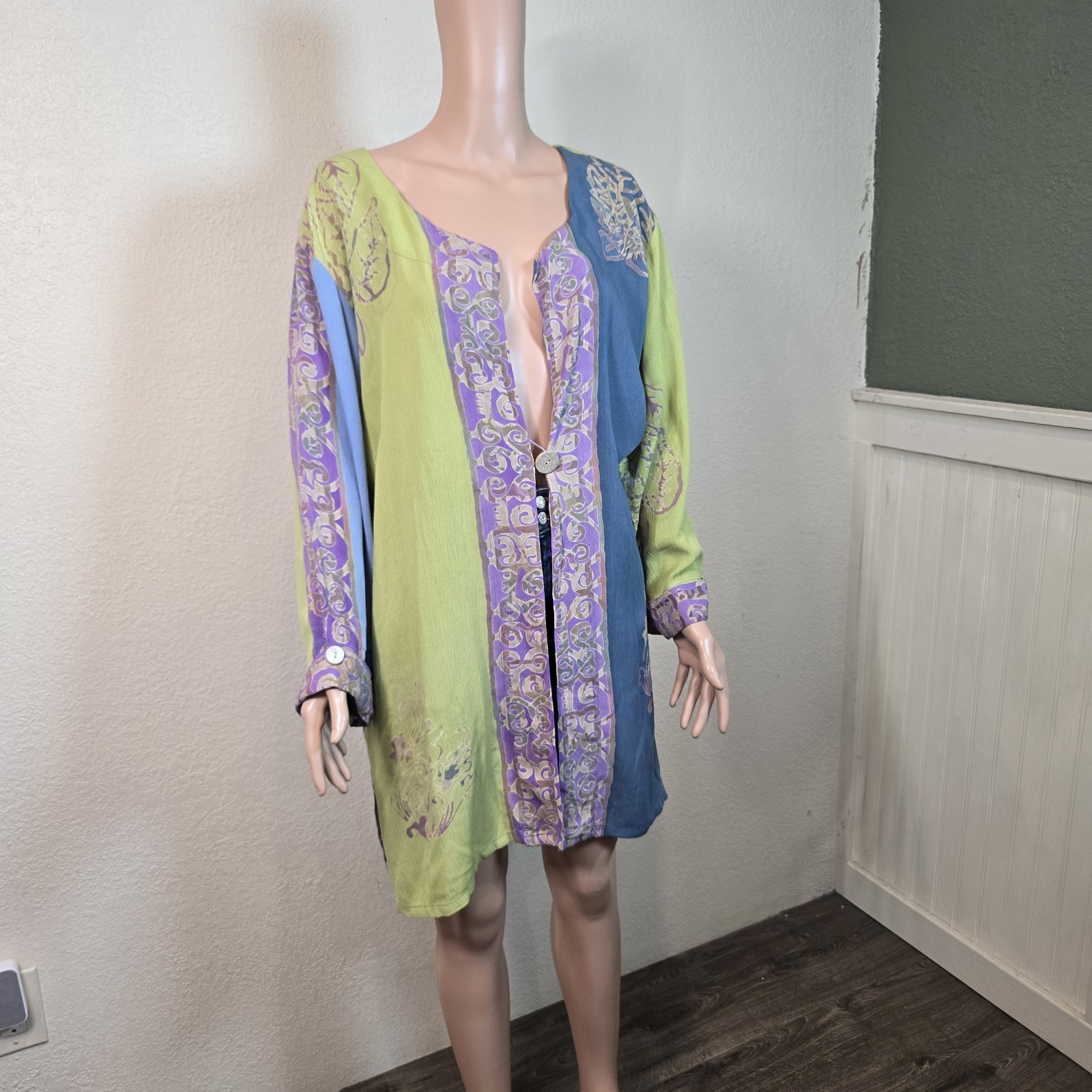 Soft Surroundings 100% Rayon Teal Green Purple Button Blouse Overlay Tunic 2x
