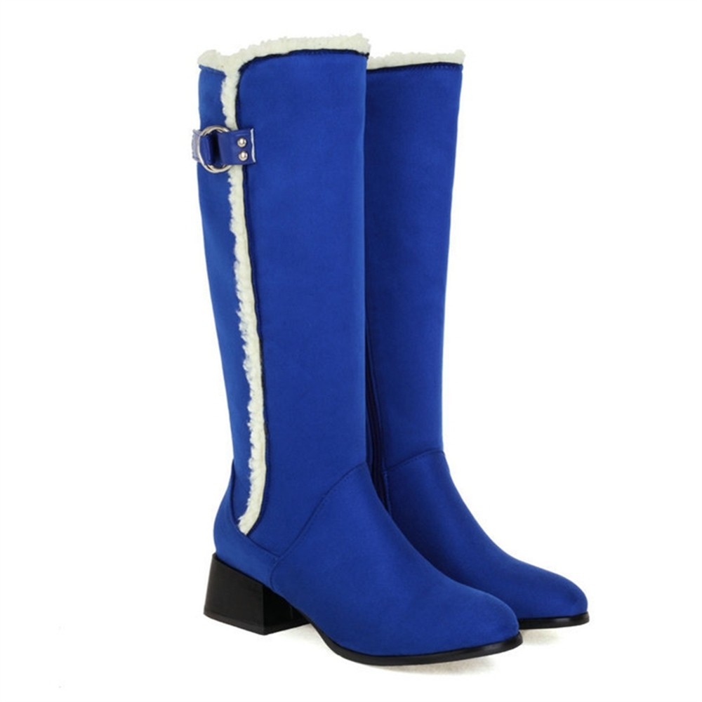 Women’s Retro Winter Knee High Snow Warm Boots with Belt Buckle Side Zip Shoes