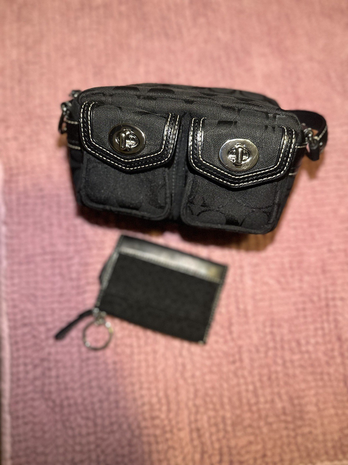 COACH Signature Mini Satchel Bag Black Handbag Double Turn lock Canvas Leather !