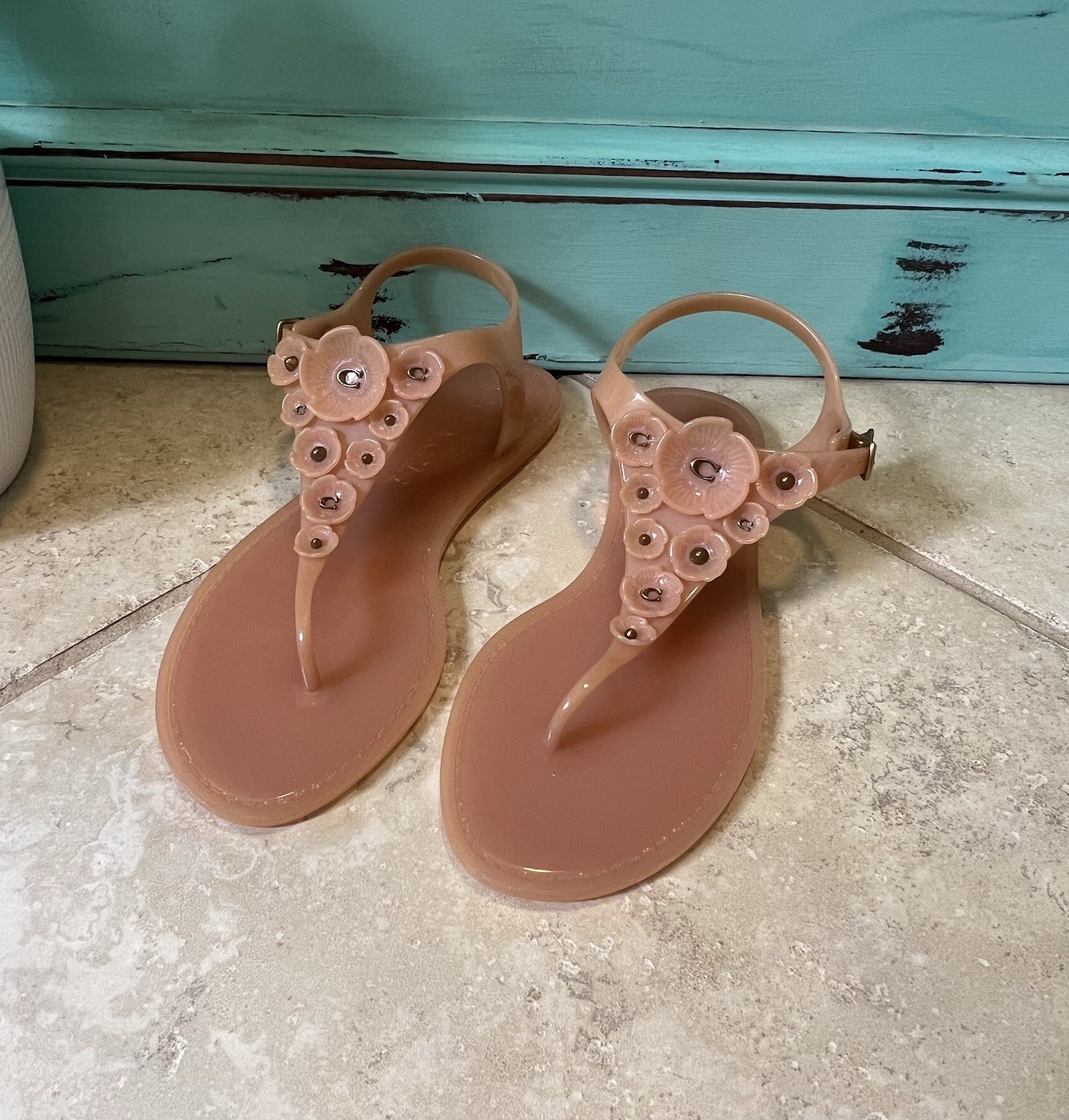 Coach Jelly Sandal Peach Pink Tea Rose Floral Thong G2070 Womens 8B
