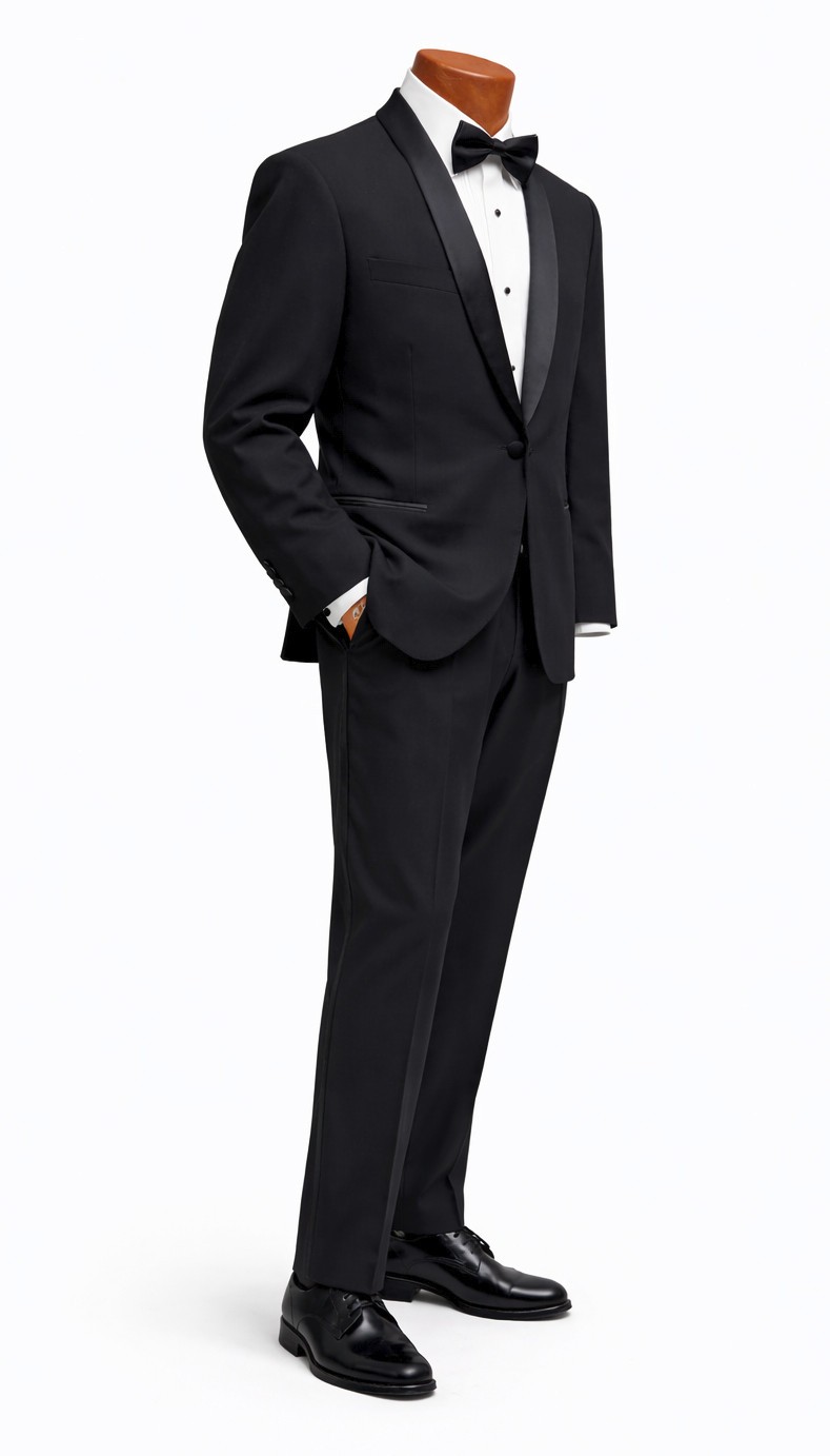 Black Satin Shawl Lapel Tuxedo with Pants Shirt Bow Tie Studs Slim Fit 42R 35W