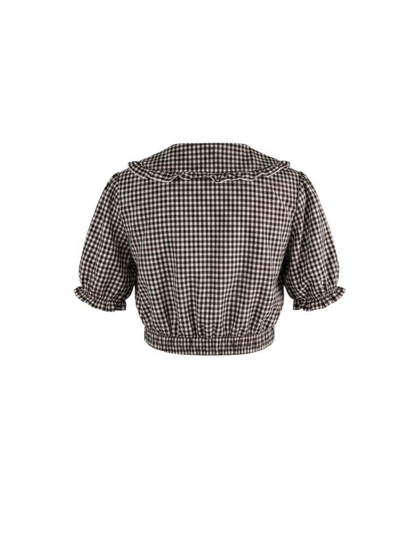 Hesperus Brown Gingham Peter Pan Collar Crop Blouse Ruffle Cotton Women’s S