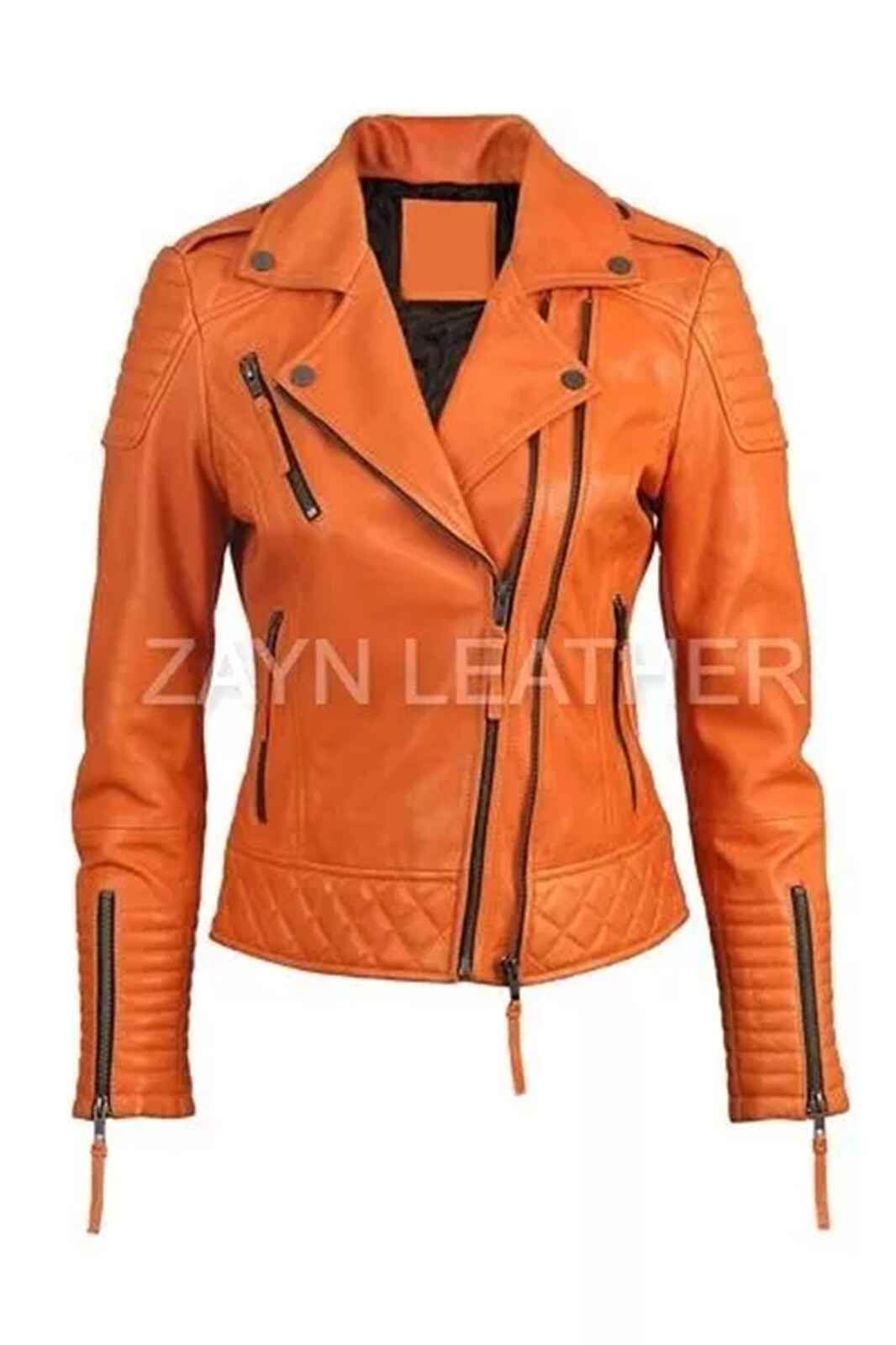 Women’s Orange Biker Jacket Genuine Lambskin Leather Quilted Motorcycle Jacket
