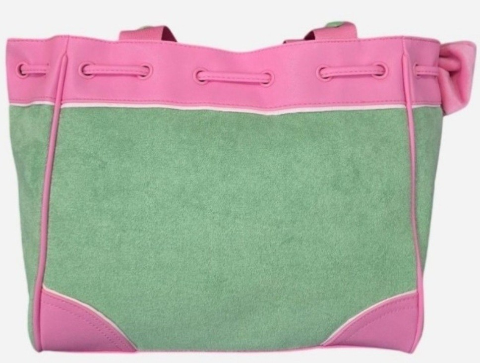 Juicy Couture Pink & Green Tote Strawberry Embroidery Bow Charm Tag Drawstring