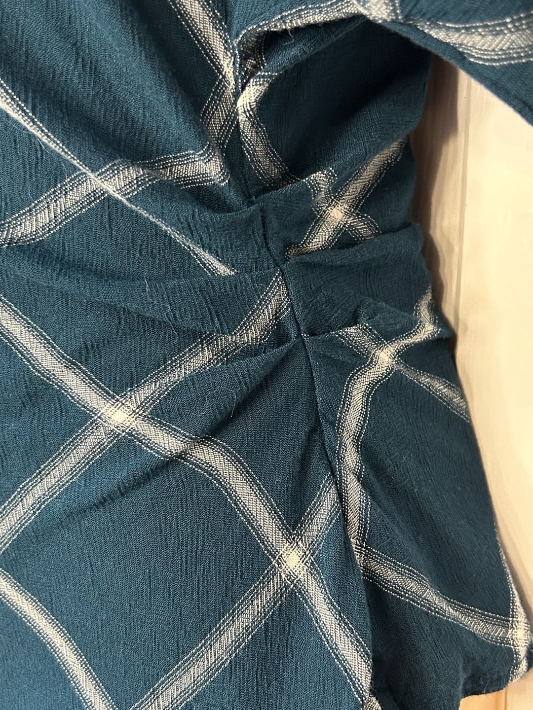 LOFT Teal and White Plaid Asymmetric Ruched Side Blouse