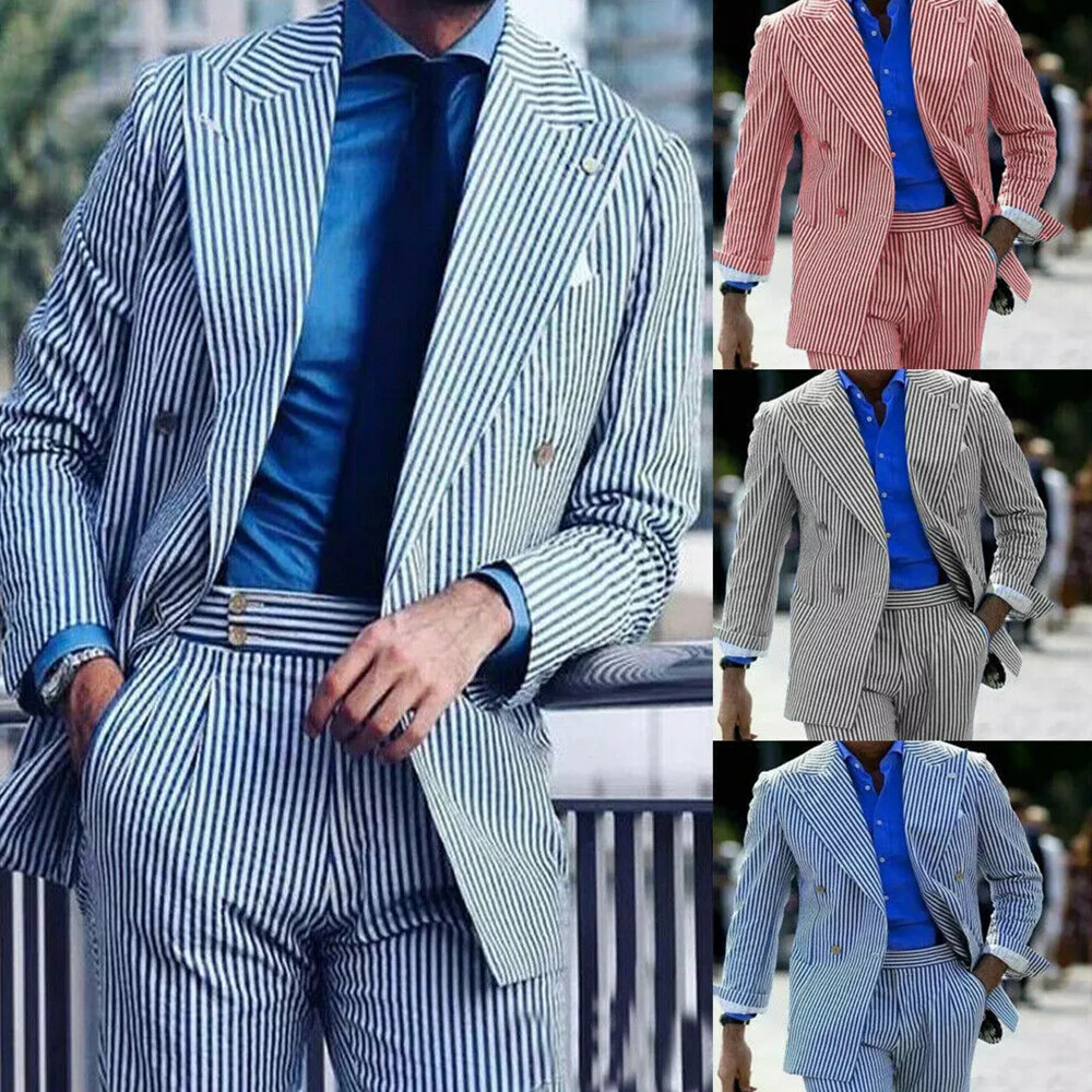 Striped Seersucker Men’s Suits Double Breasted Formal Business Office Jacket Set