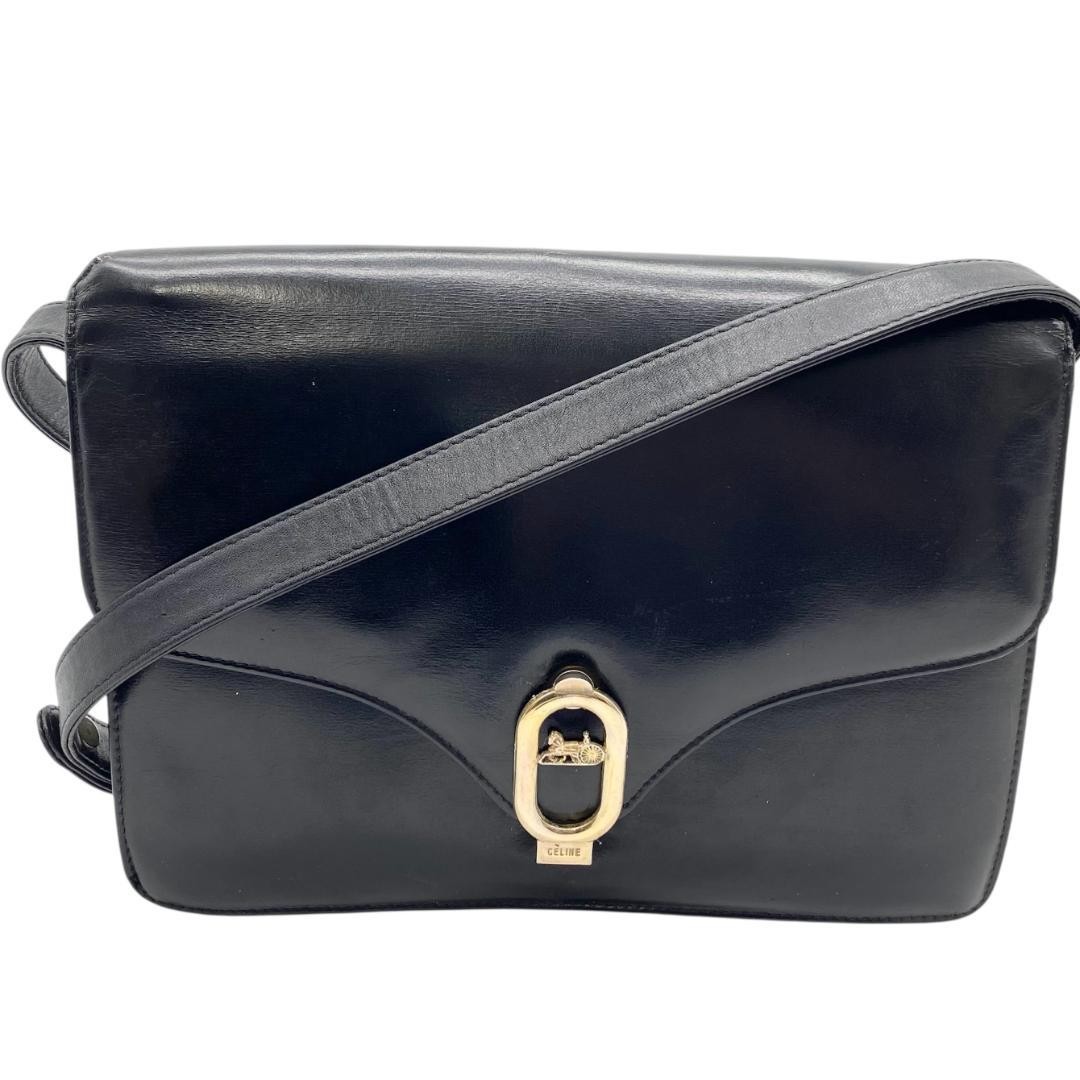 CELINE Leather Gold Horse Carriage Hardware Shoulder Bag Black from Japan