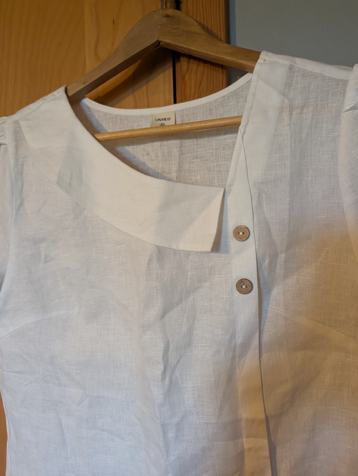 Lintico 100% Linen Crescent Collar Flutter Sleeve Top FARA Women’s M Optic White