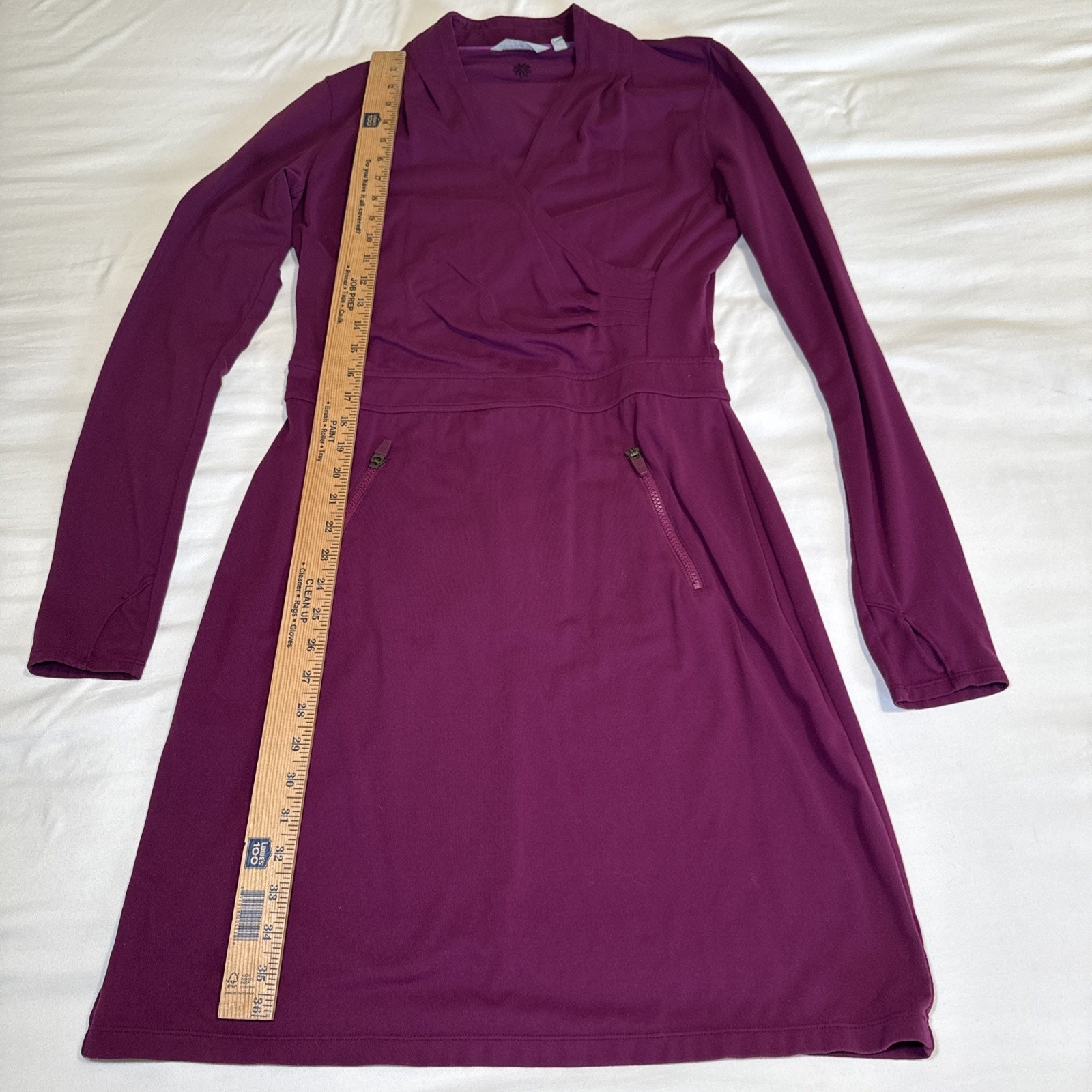 ATHLETA Suedy Lady Dress Womens MT Tall Burgundy Pockets Thumbholes Surplice EUC