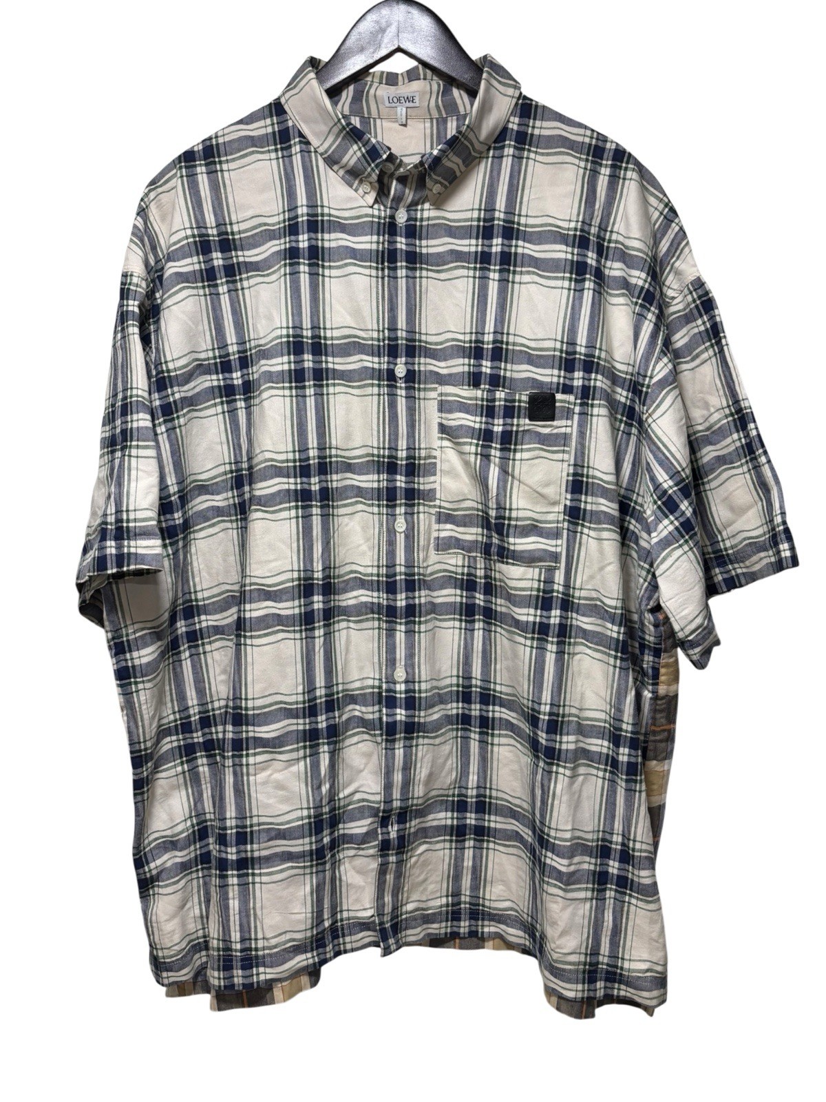 LOEWE Casual Patchwork Shirt Size 43 Beige Leather Pocket Logo Romanian Made
