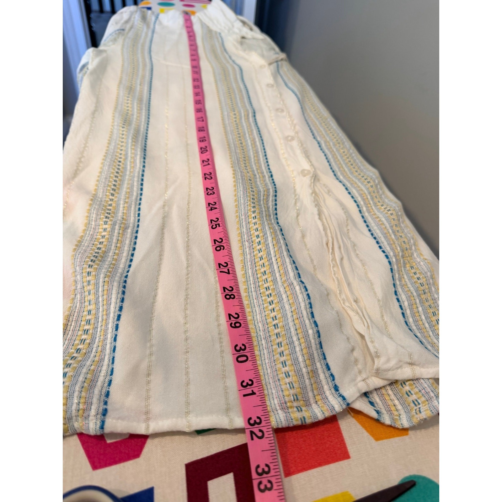 Elan Large Boho Embroidered Striped Metallic Lurex Button Down Tunic Blouse