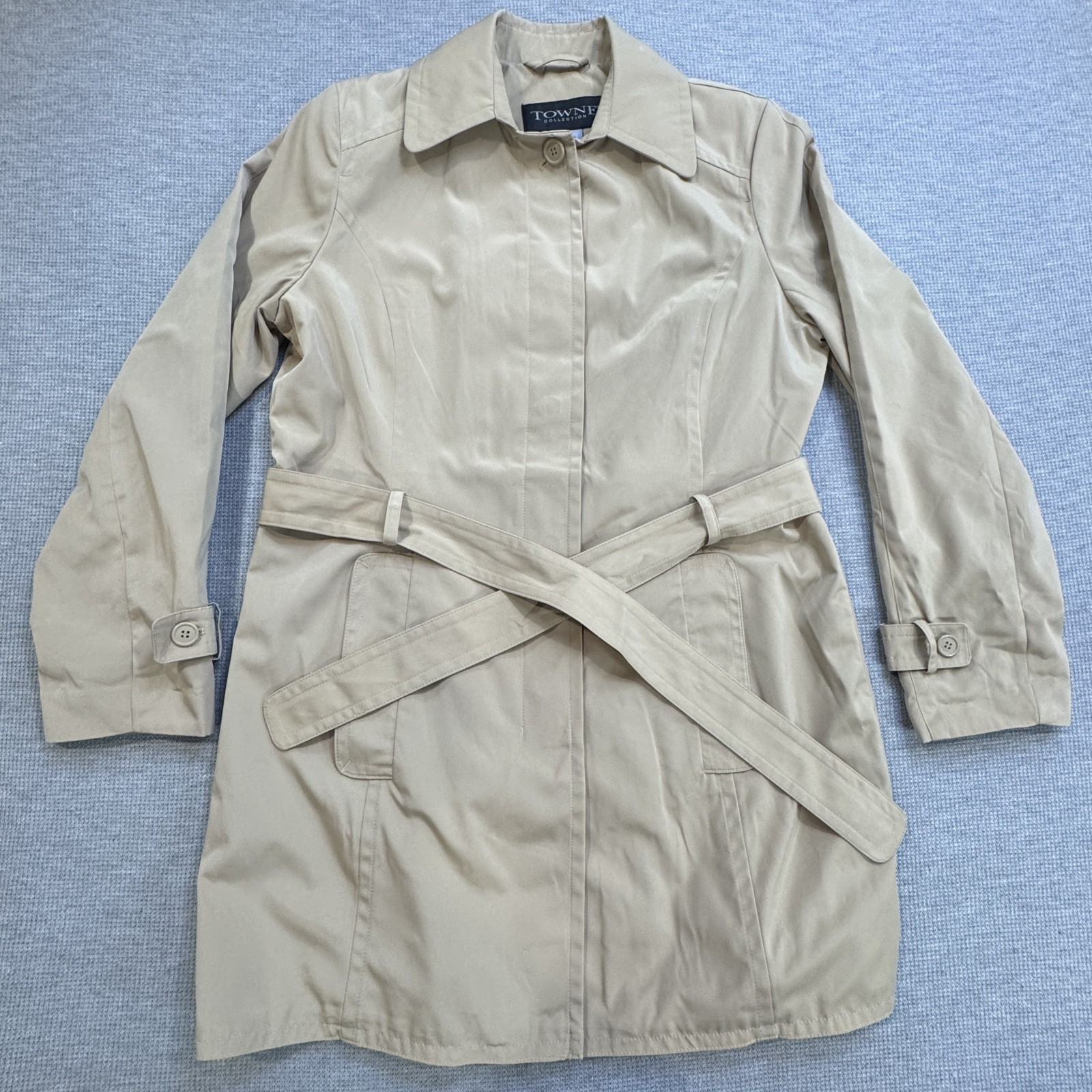 Towne Collection Womens Size L Khaki Trench Coat Belted Padded Shoulder NWT