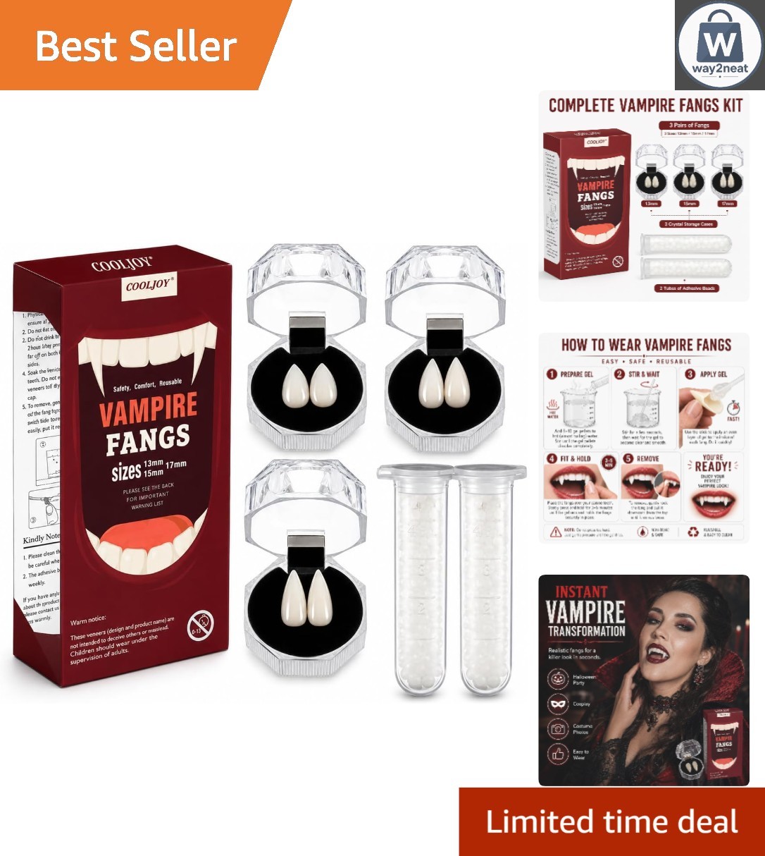 Realistic Vampire Fangs with 3 Sizes and Adhesive – Ideal for Halloween Parties
