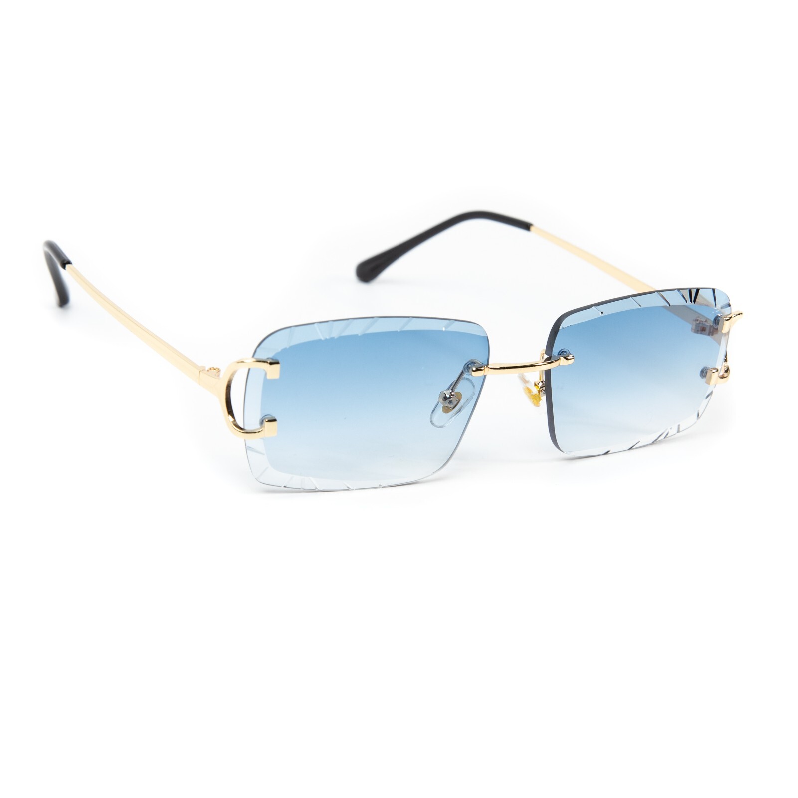 Men’s Gem Cut Blue Tint Gold Frame Hip Hop Rimless Luxury Rectangle Sunglasses