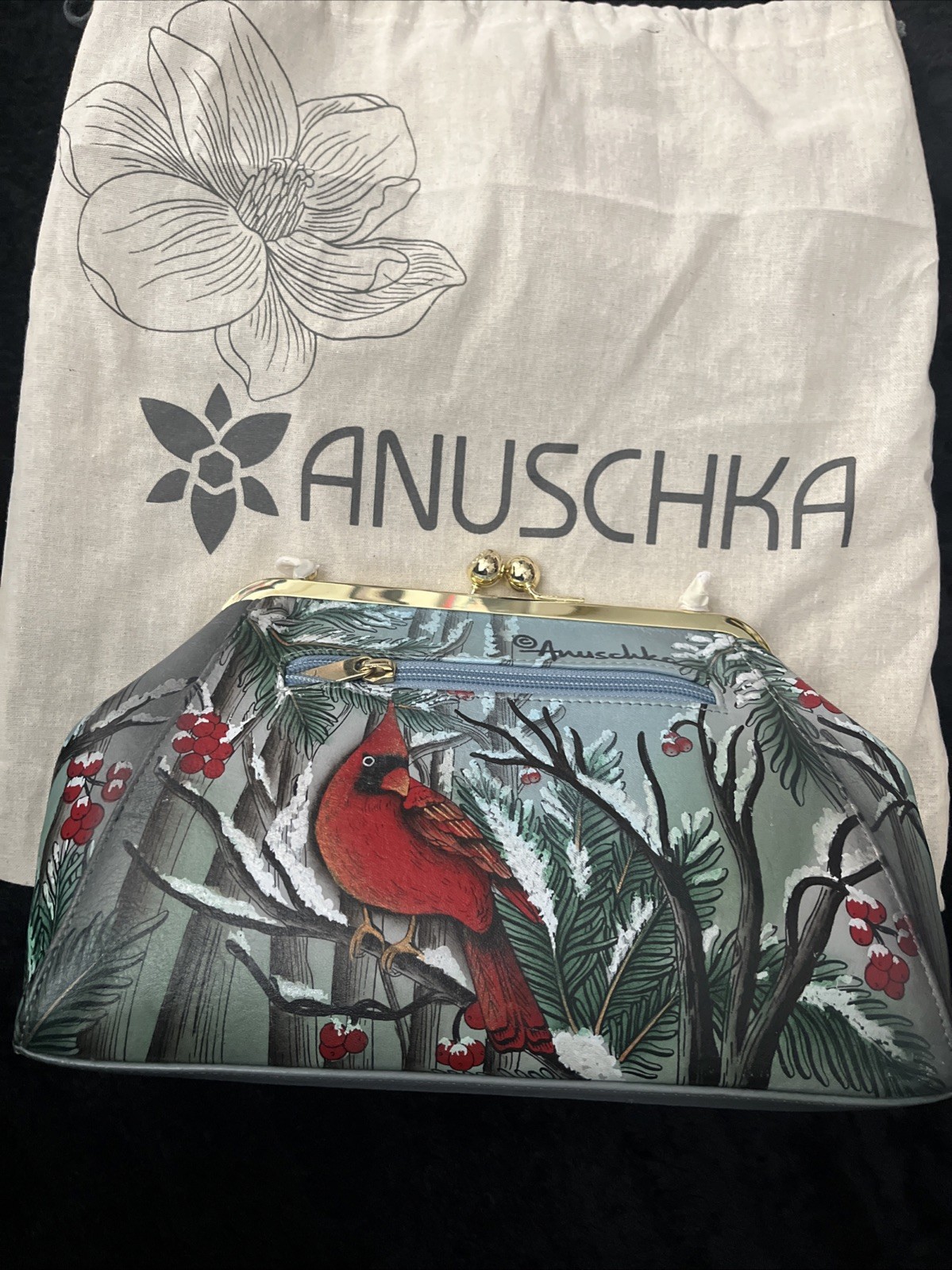 Anuschka Cardinal Hand Painted Kiss Lock Crossbody Clutch Purse Leather New
