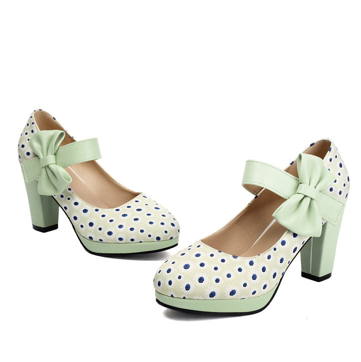 Women’s Bowknot Polka Dot Mary Jane Sweet Dress Party Casual High Heels OL Shoes