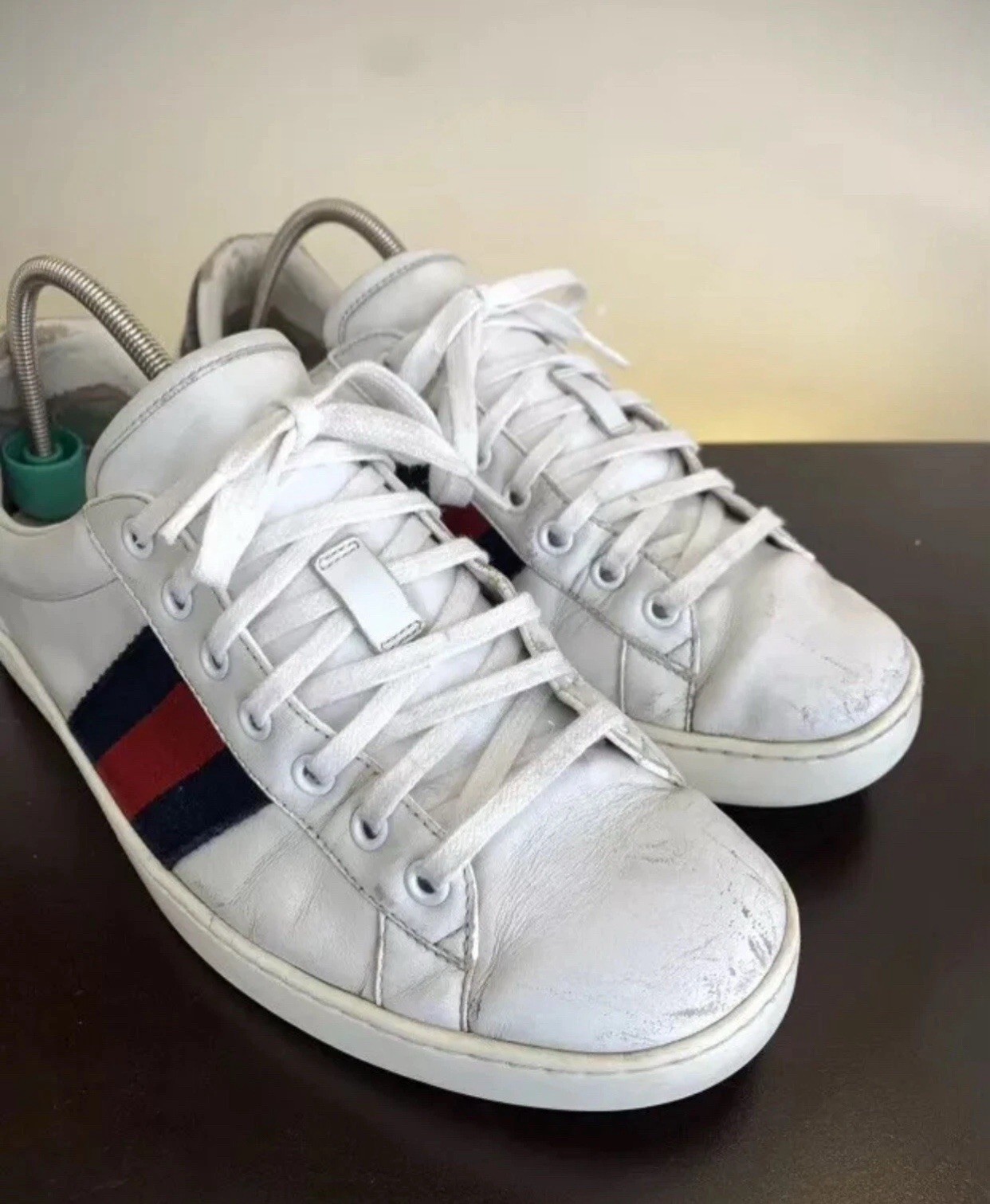 Gucci 386750 Mens White Leather Web Red Green Sneakers Sz US 8.5 || UK 8