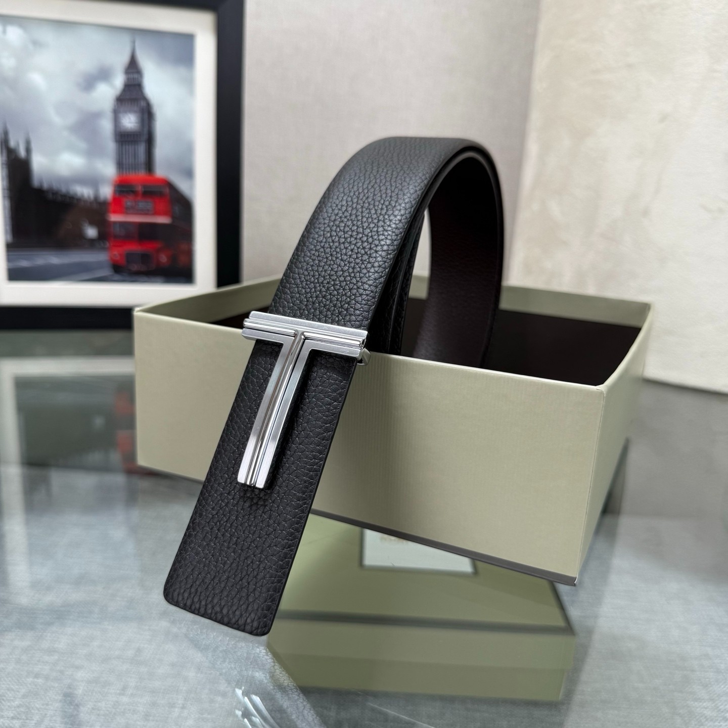 Authentic Tom Ford Reversible Leather T-Buckle Belt Luxury Designer Fashion
