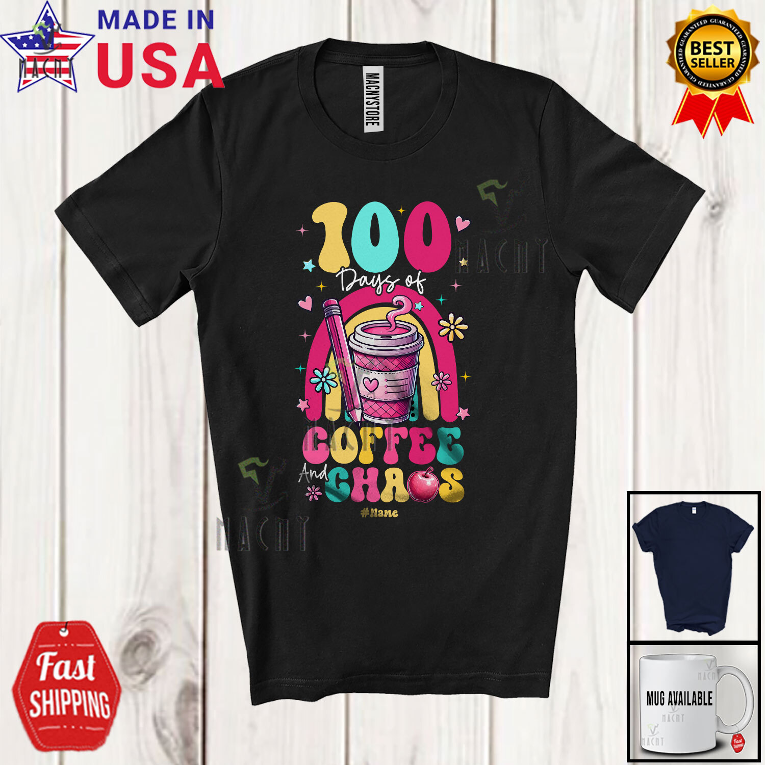 Custom Name 100 Days of School Coffee And Chaos; Adorable Rainbow Pencil T-Shirt