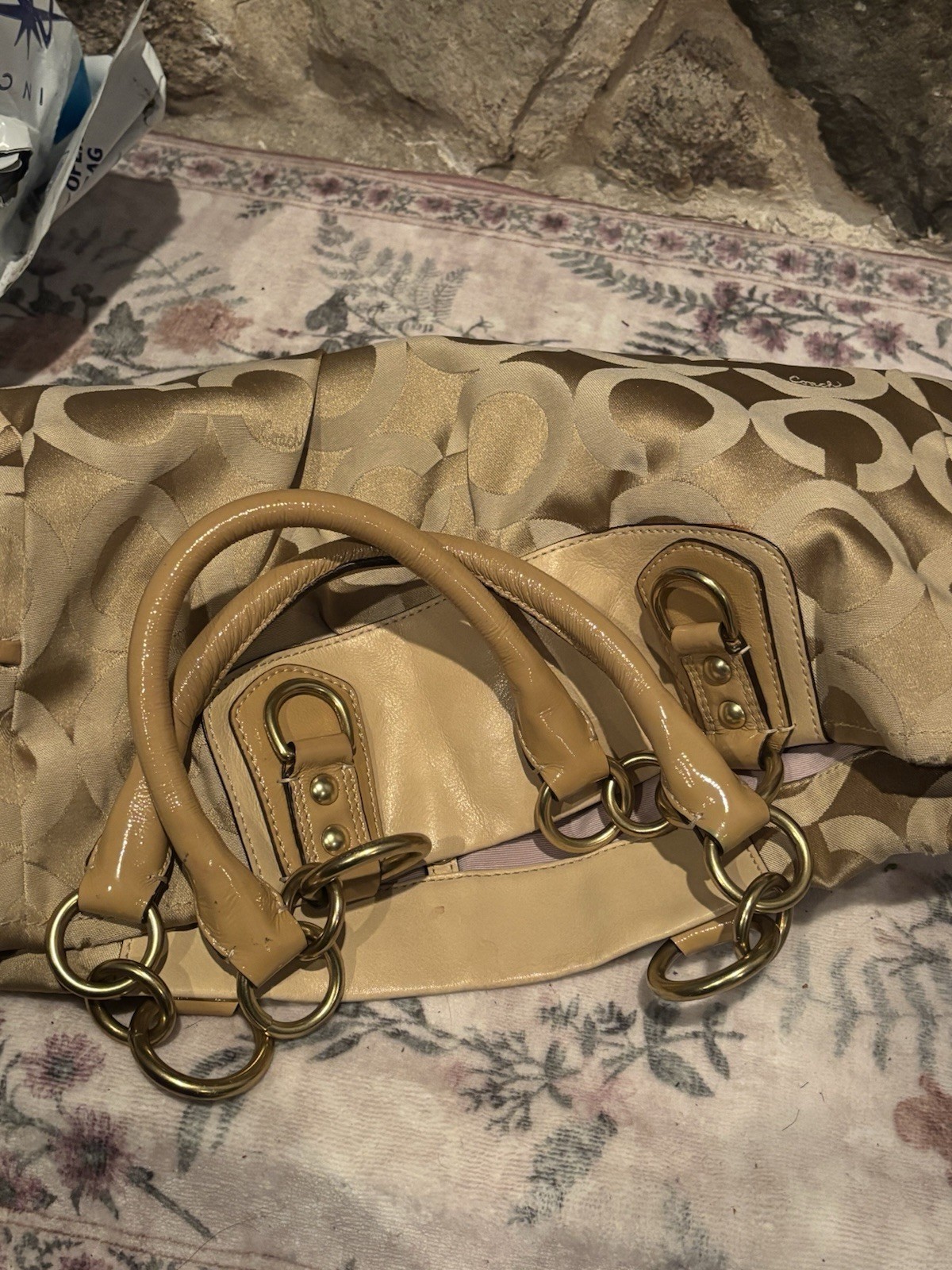 Coach Signature C Beige Medium Satchel/Top Handle Bag, Gold Hardware, Zip