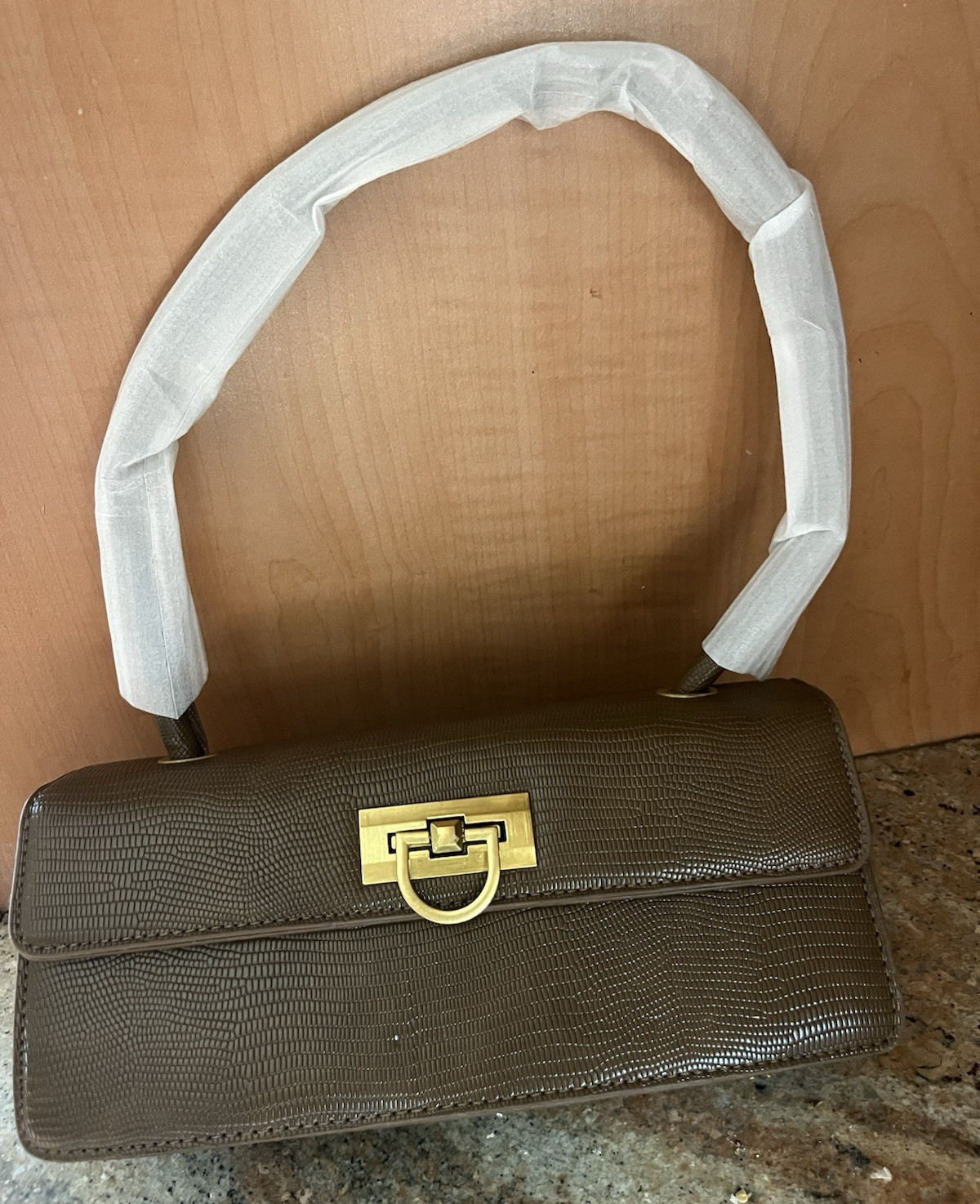 Brown Embossed Top Handle Bag Push Lock Gold Hardware Rectangle Black Lining