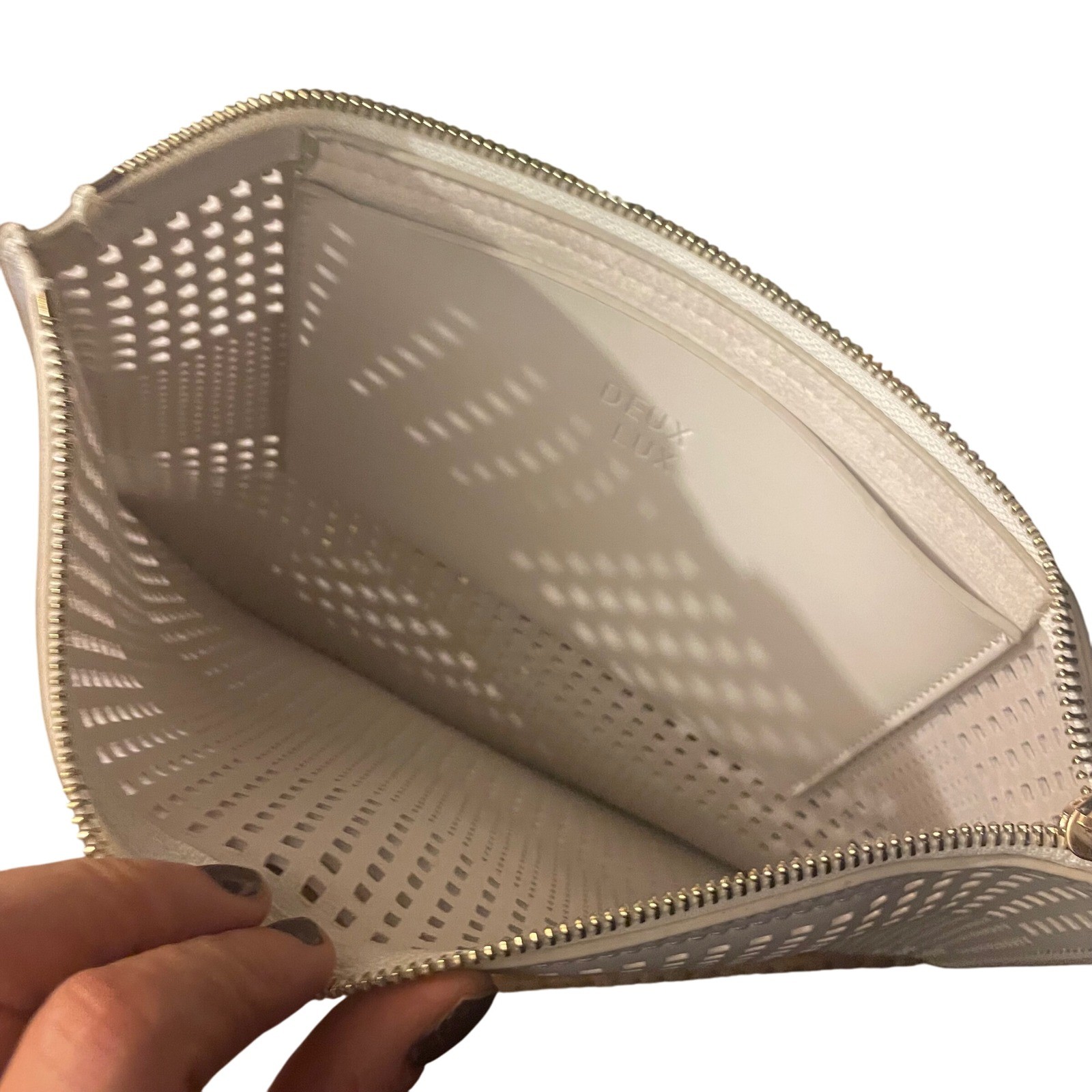 Deux Lux Cream Vegan Leather Perforated Laser Cut Zip Top Clutch Bag Pouch