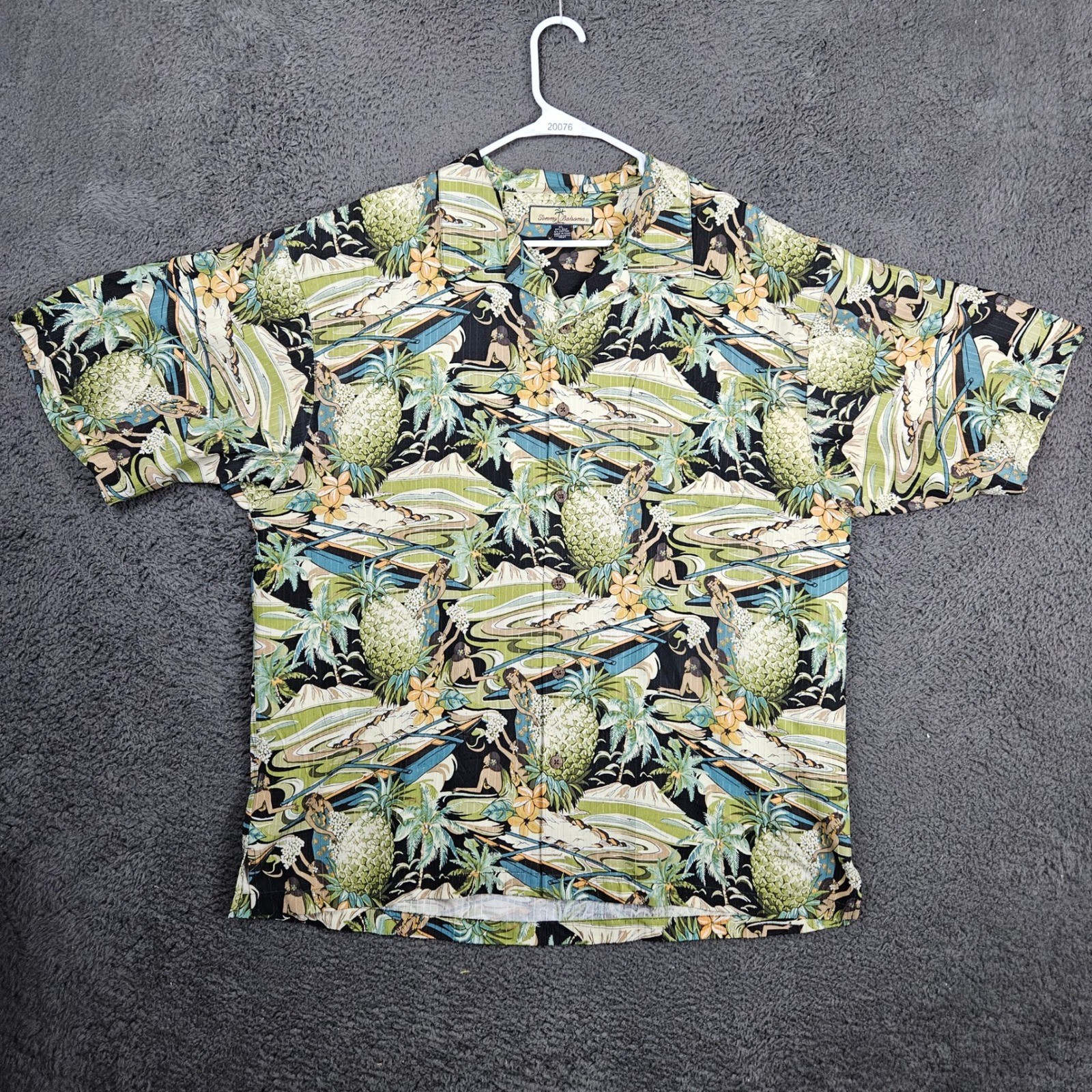 Tommy Bahama Mens XL Silk Cotton Hula Girl Pineapple Tropical Camp Shirt Green