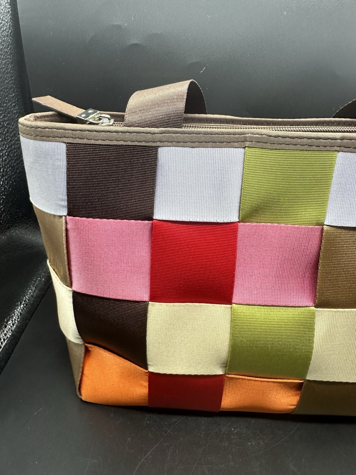 Comely seatbelt bag purse multi color 12.75” Wide shoulder bag Brown Lining