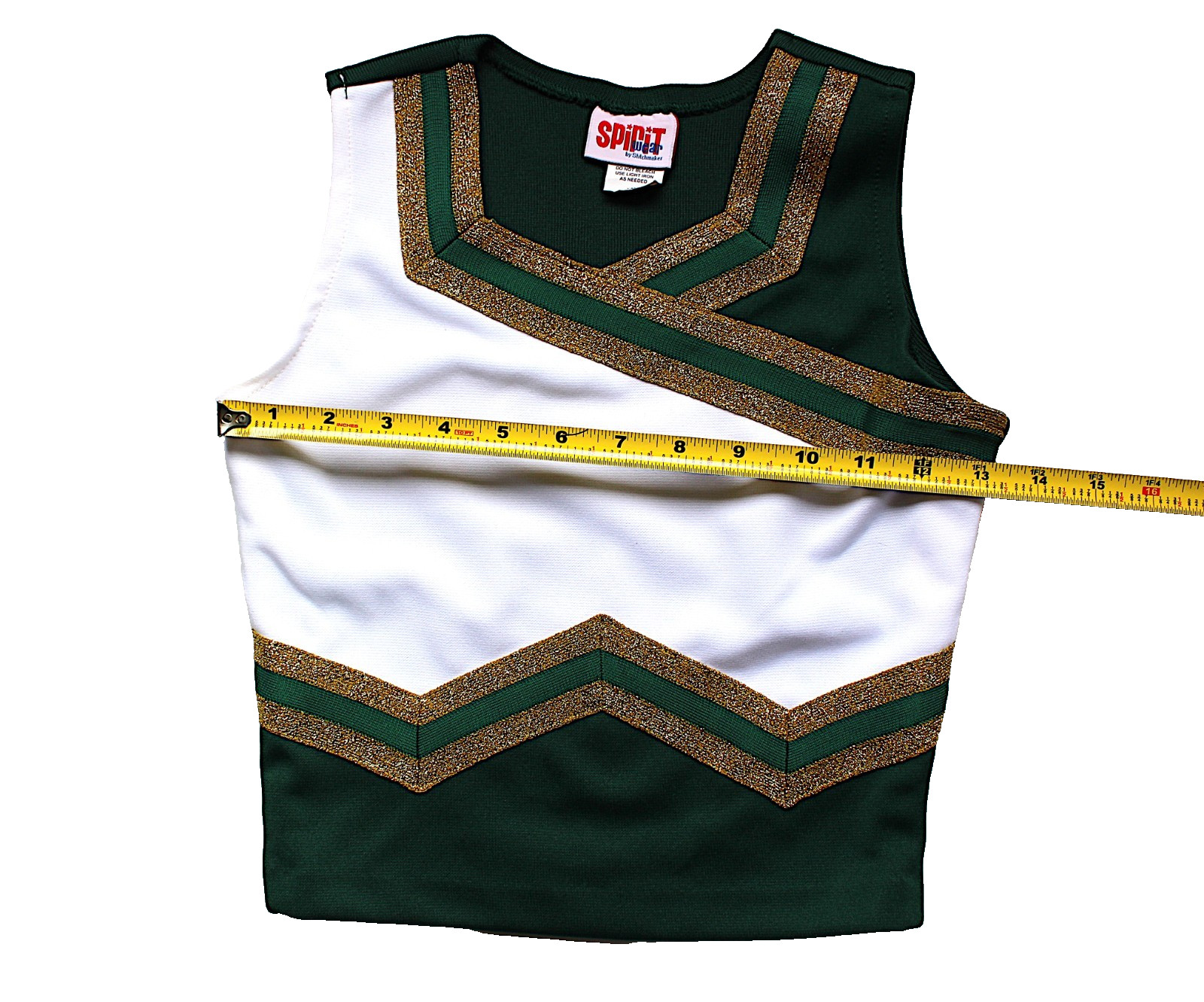 Spirit Cheerleading Top YOUTH MEDIUM Green & White with Gold Sparkling Trim New
