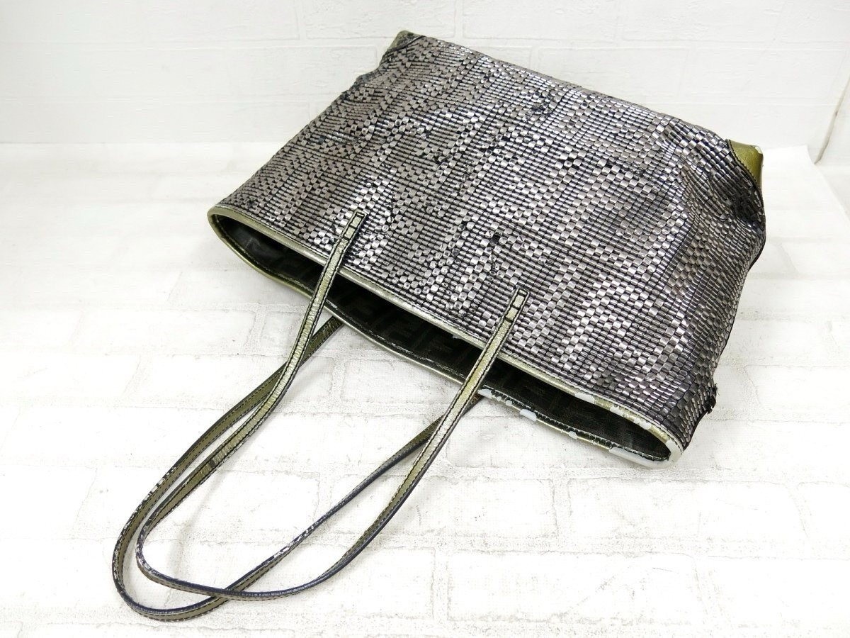 FENDI FF Zucca Monogram Woven Metallic Silver ITALY Shopper Shoulder Bag 🩷