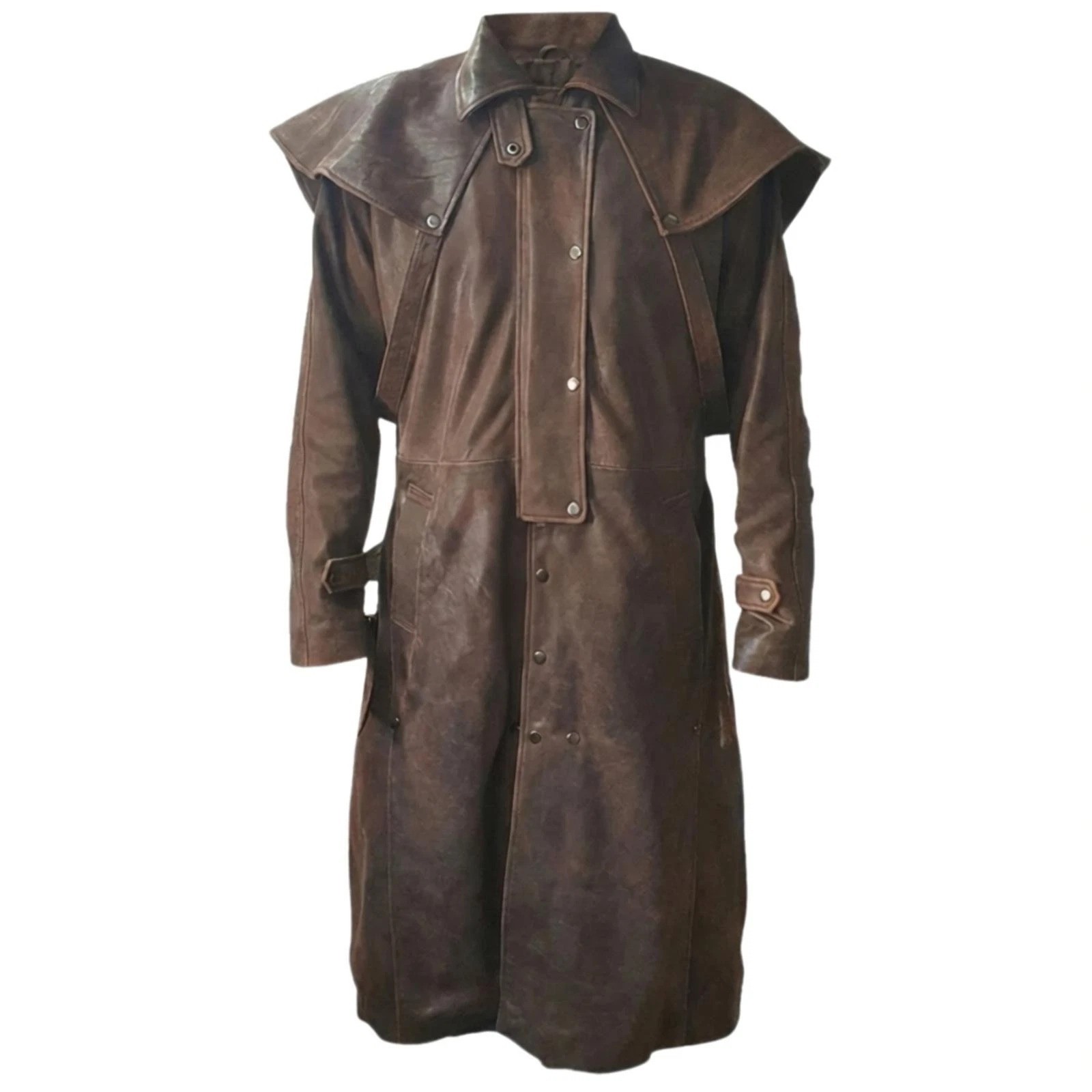 Mens Brown Distressed Lambskin Leather Duster Trench Coat Cape Collar Western