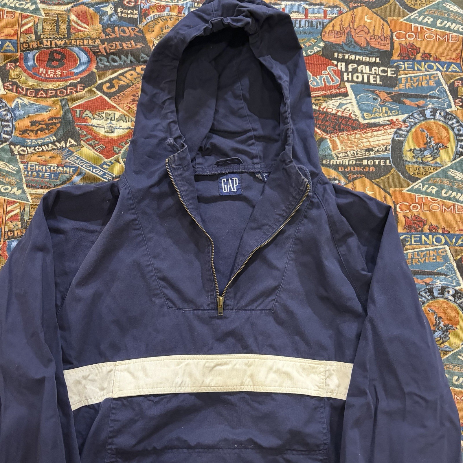 Vintage 90s GAP Half Zip Hooded Anorak Jacket Navy Blue Pullover Cotton Size S